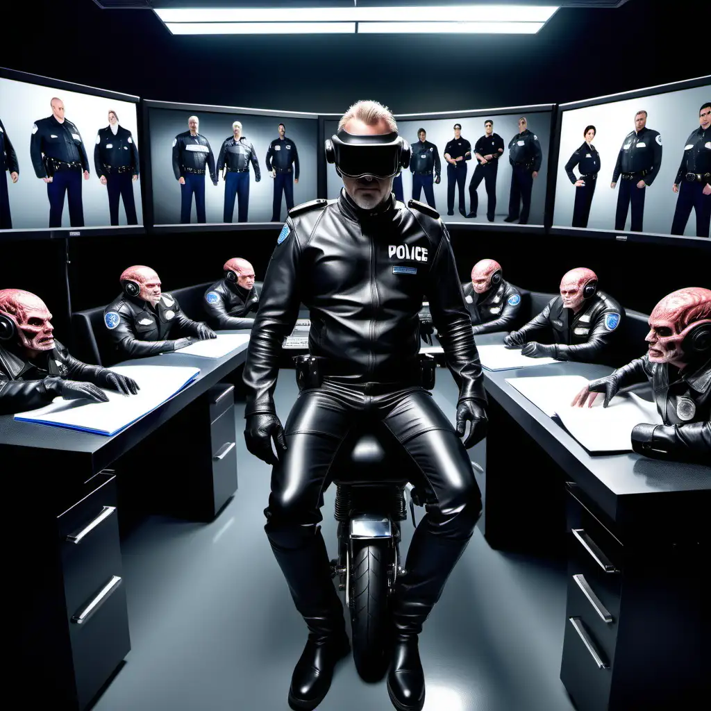 (Cinematic Lighting) futuristic high tech medical research laboratory with large full wall monitors showing human bodies and brains, full body shot wide angle, a man in a all black one piece leather motorcycle suit is laying flat on his back on a medical exam table wearing a VR Headset,  on each side of him are 2 police motorcycle officer each with a very handsome face wearing very skin tight black rubber uniforms, tight black leather police motorcycle boots and skin tight leather police motorcycle jacket look down on the man preparing to turn him into a motor officer, highly detailed, epic reality, photorealistic, 8k resolution --ar 16:9 --seed 3000 --q 2 --v 5"