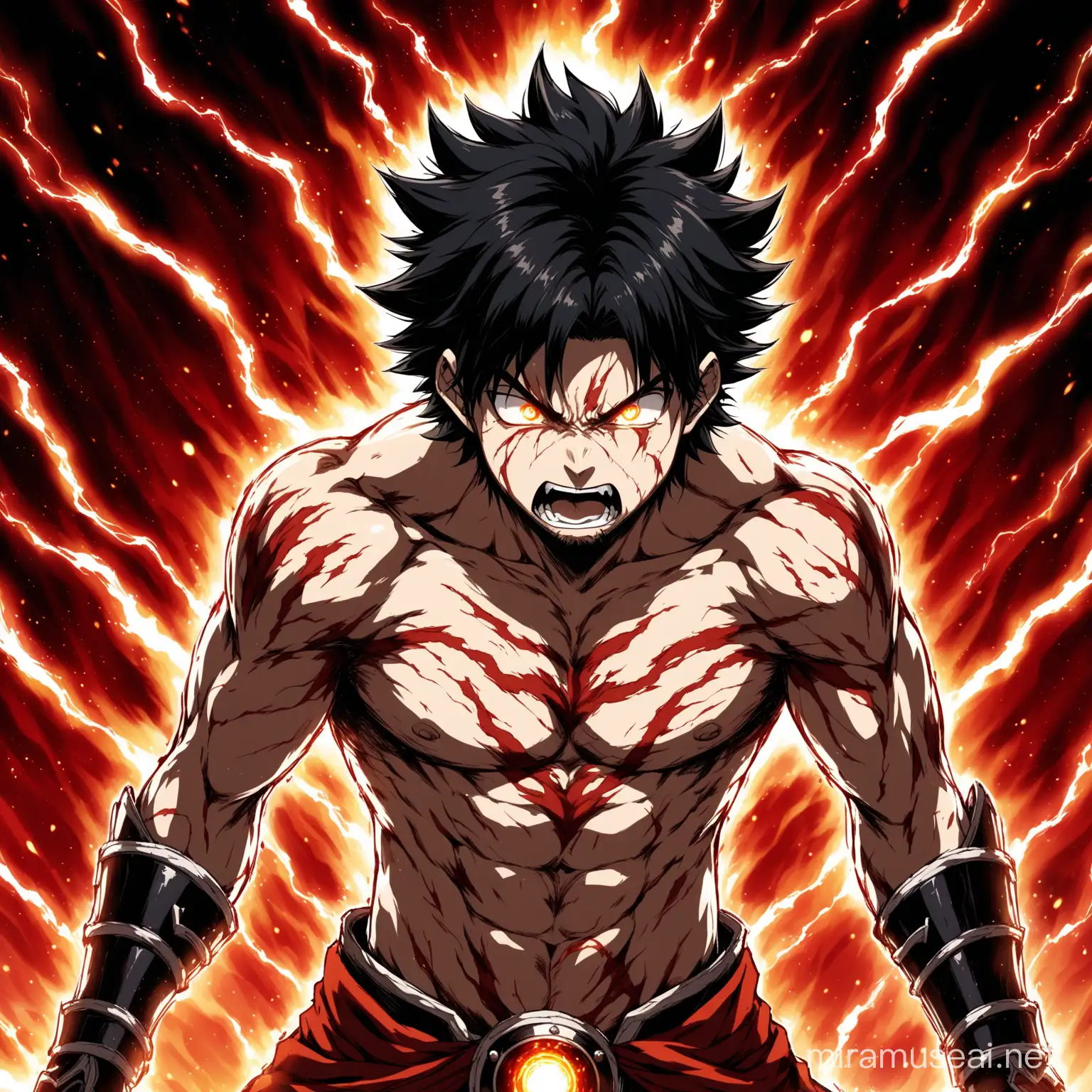 ruined background, energy aura, man, scarred body and face, fantasy anime style, rage filled expression, no pupils, flowing black hair, shirtless, red and white lower armour