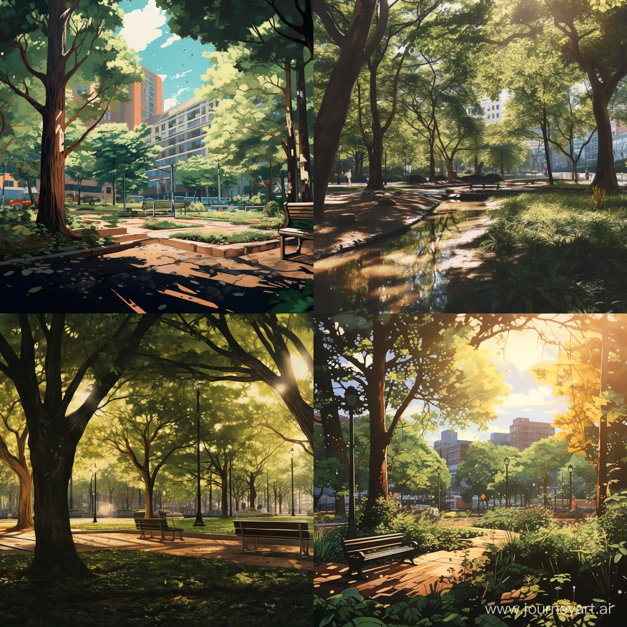 Nostalgic-80s-Urban-Park-Scene-with-Sunlight-Filtering-Through-Tree-Leaves