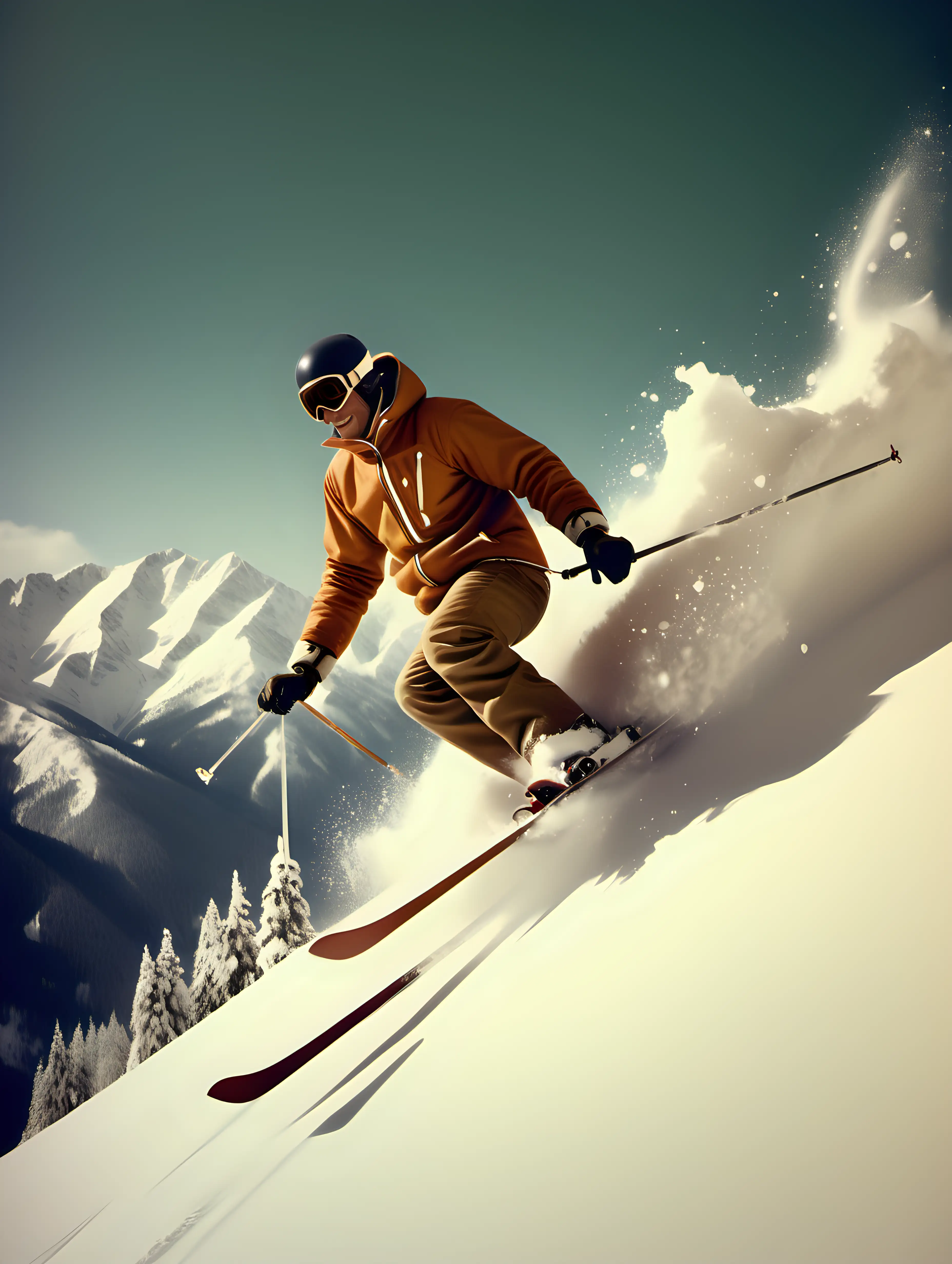 un skieur qui fait une chute en vol dans de la neige poudreuse, les montagnes escarpées enneigées.
ambiance vintage année 70
un baton dans chaque main