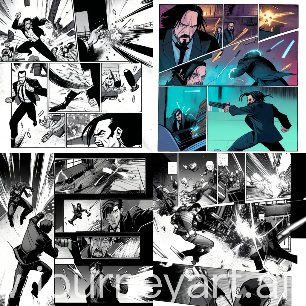 A page from a comic book with John Wick fighting with bad guys, featured on pixiv, underground comix, cyberpunk, concept art --niji 4 --ar 1:1 --no 4661