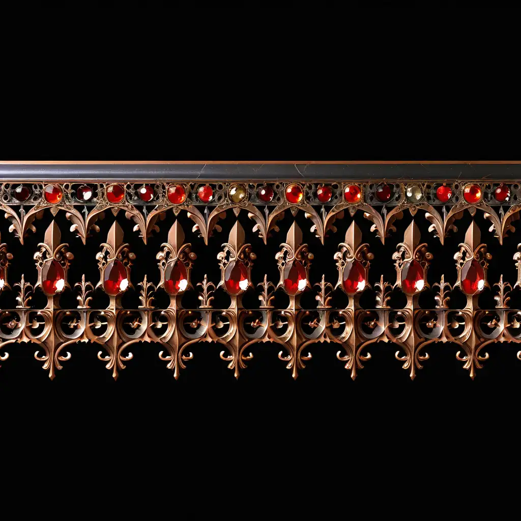 a straight border made of bronze, gothic ornate details, clear and russet red jewel accents nothing in the center. black background.