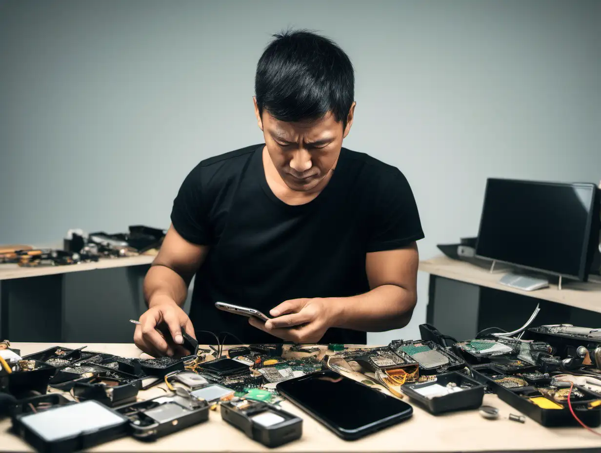 Expert Repairman Organizing Cellphone Parts at Workstation