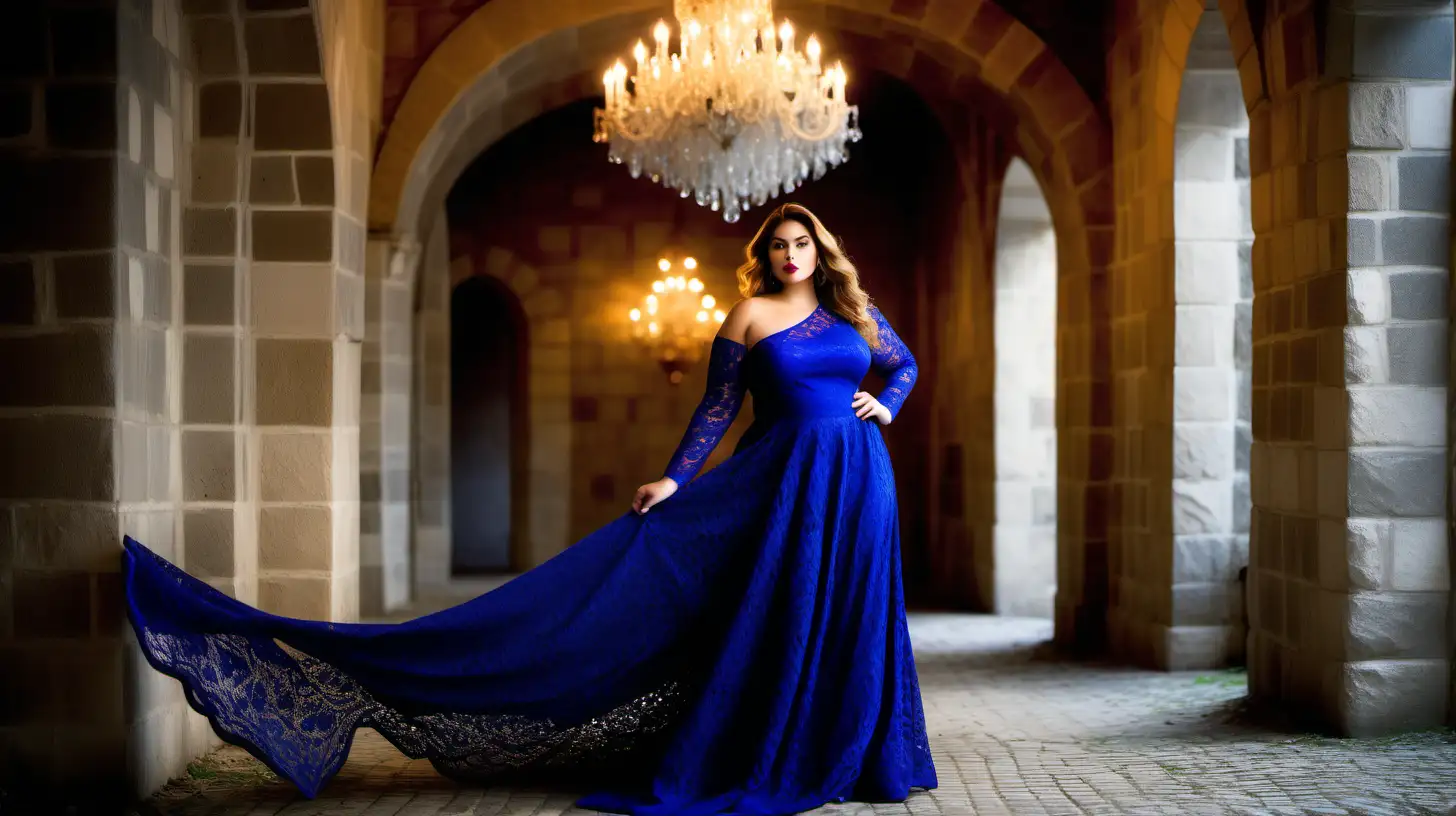 Stunning Plus Size Model in Royal Blue Lace Dress Vogue Photoshoot at Winter Castle