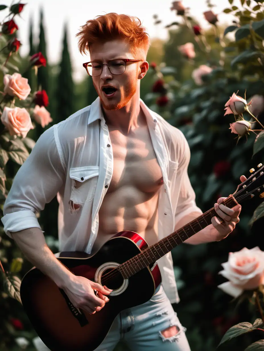 Handsome redhead man glasses stubbles shirtless short hair muscular playing guitar rose garden dawn , half transparent white open shirt, torn jeans, hairy chest, very sweaty, singing 