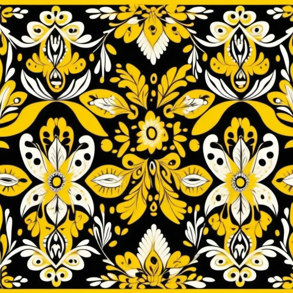 seamless pattern for women, colorful folklore , vibrant, elegant , yellow and black colors