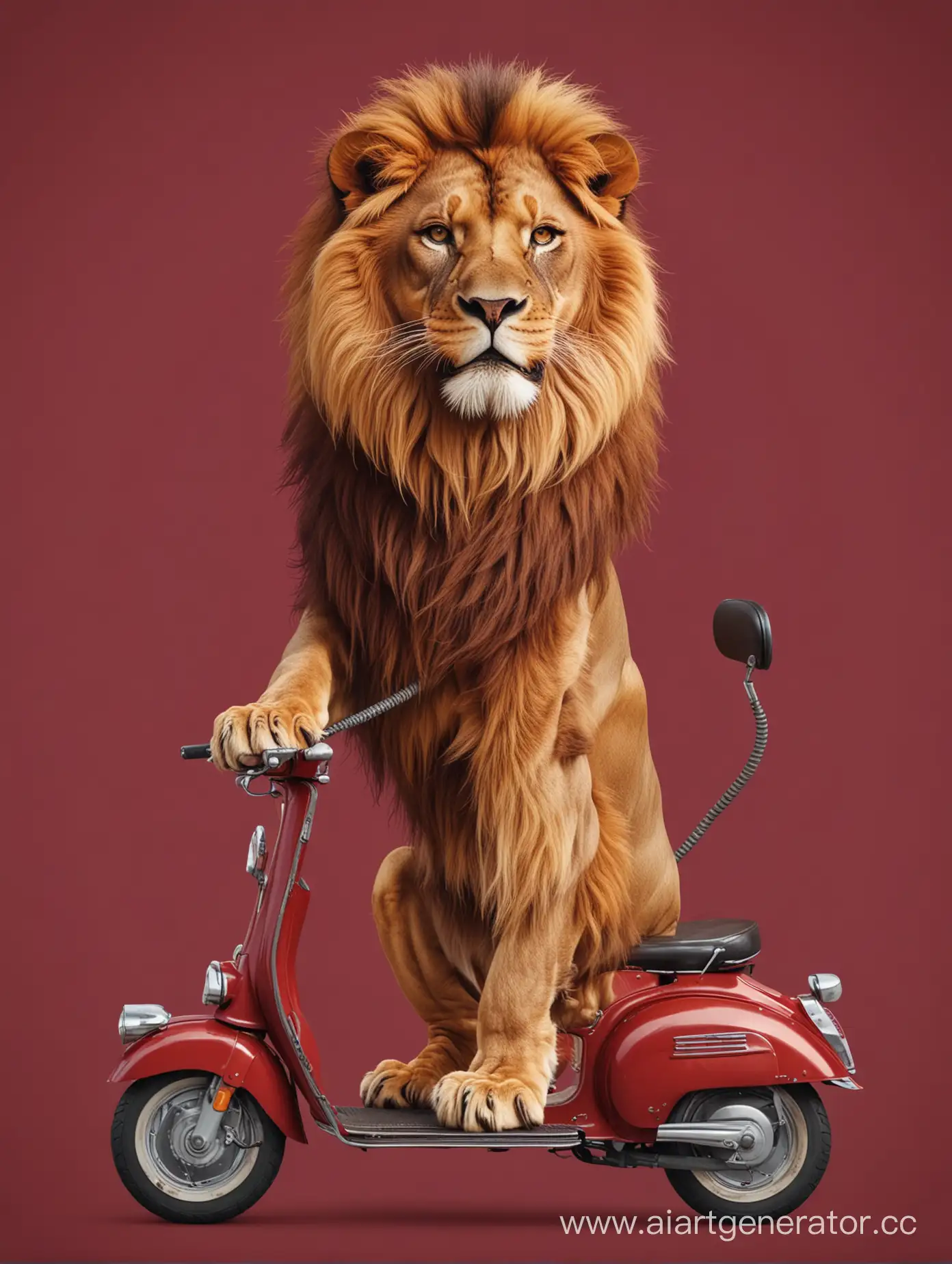 lion on scooter, vector illustration on burgundy background