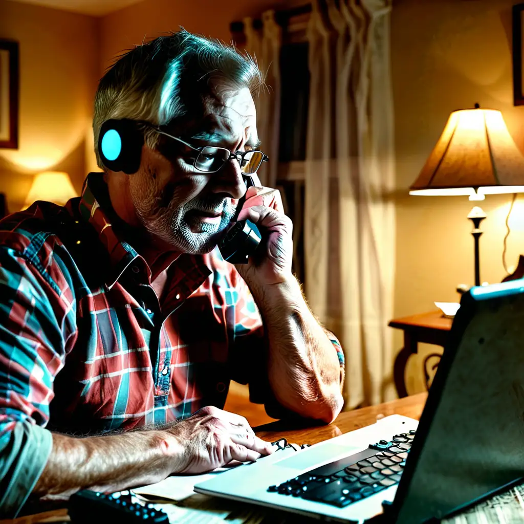 Dad typing. talking on phone. somnambulists in suburban home