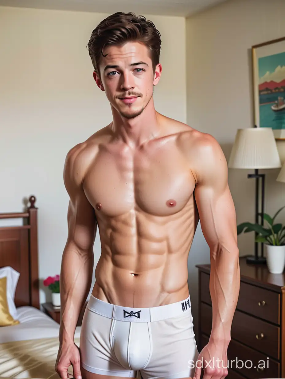 Grant-Gustin-Shirtless-Displaying-Ripped-EightPack-Abs-in-1950s-Suburban-Bedroom