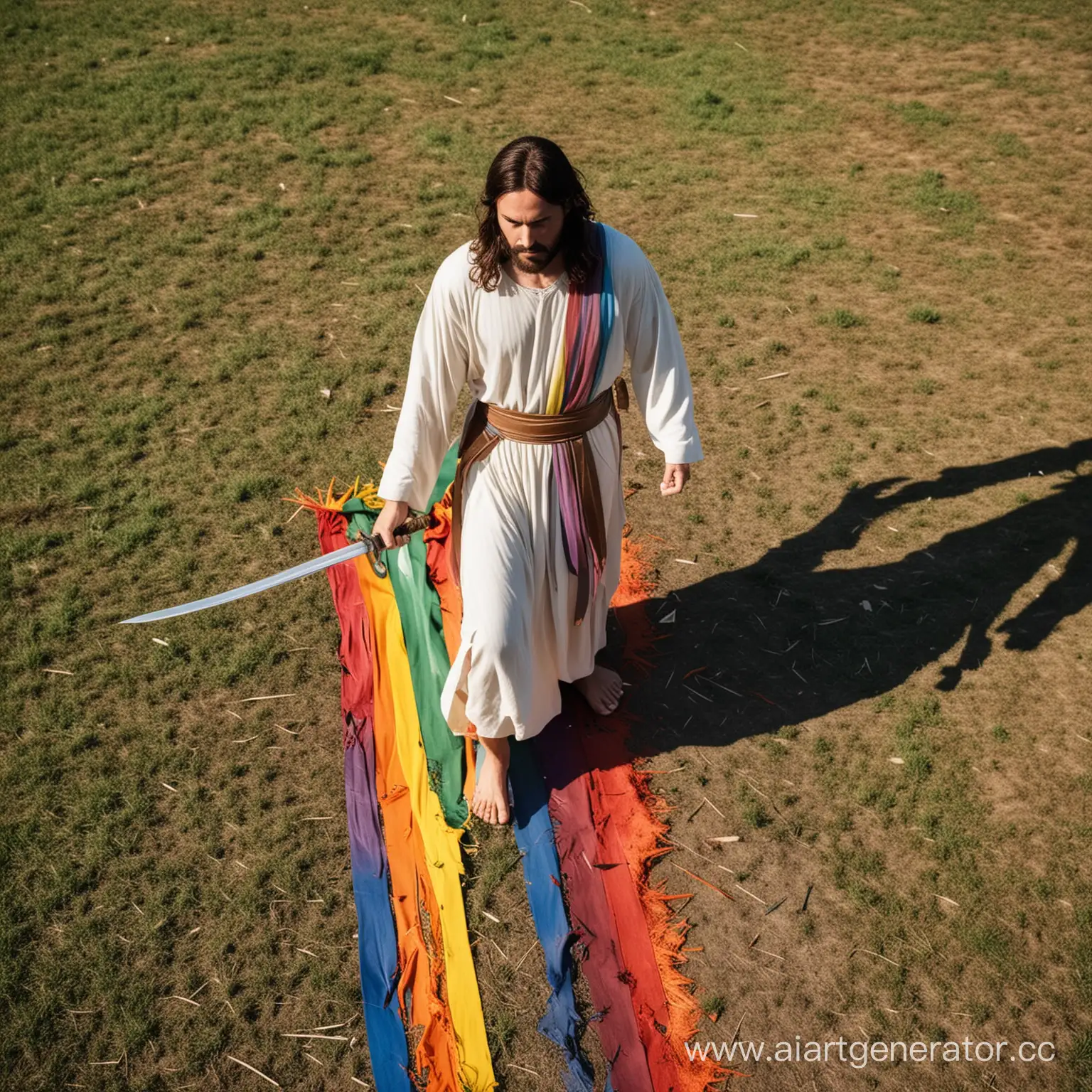jesus christ using sword to cut down, slashing through and destroying a shredded rainbow flag. sword is cutting through the rainbow flag. He is NOT wearing the flag. flag on ground, actively cutting slicing the flag


 