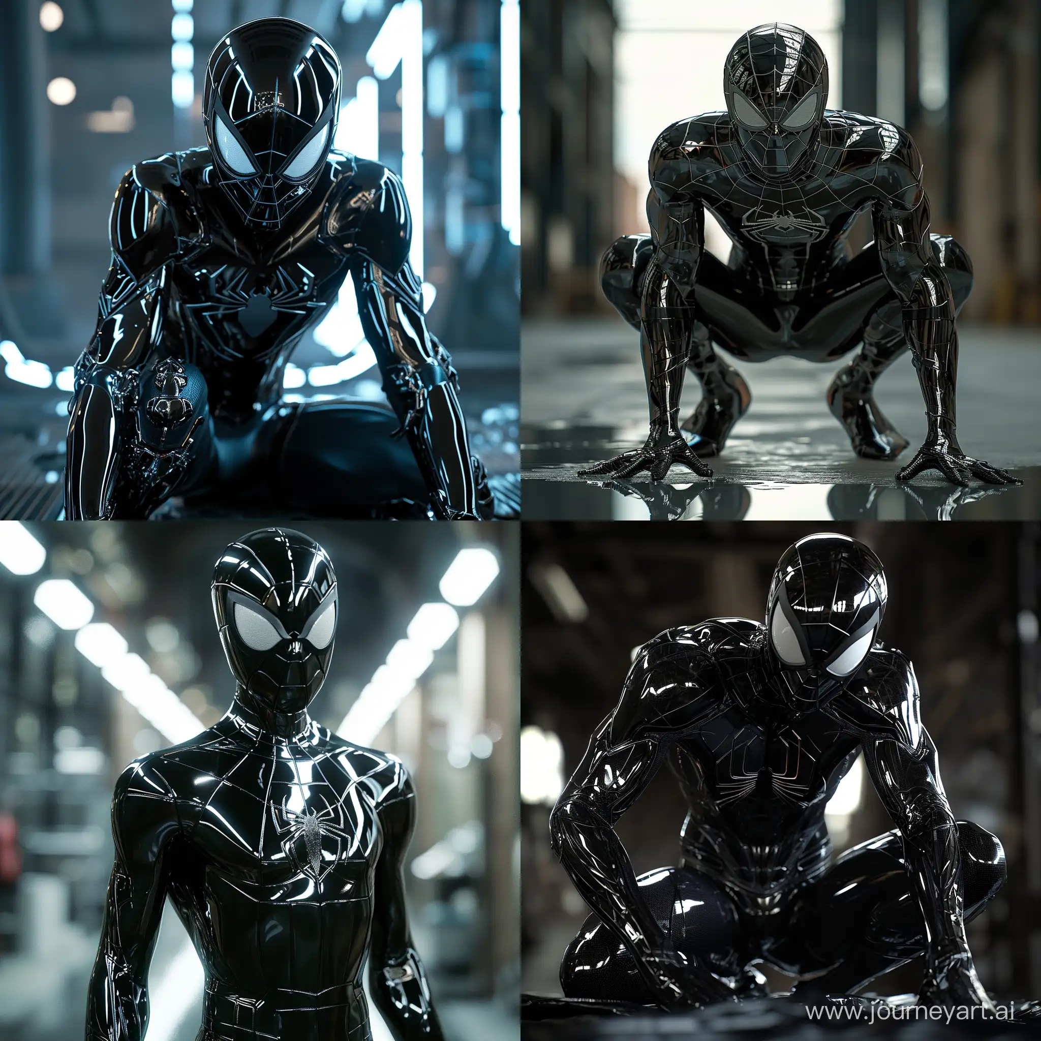 Spiderman with black iron suit, reflective, ultra hd, cinematic