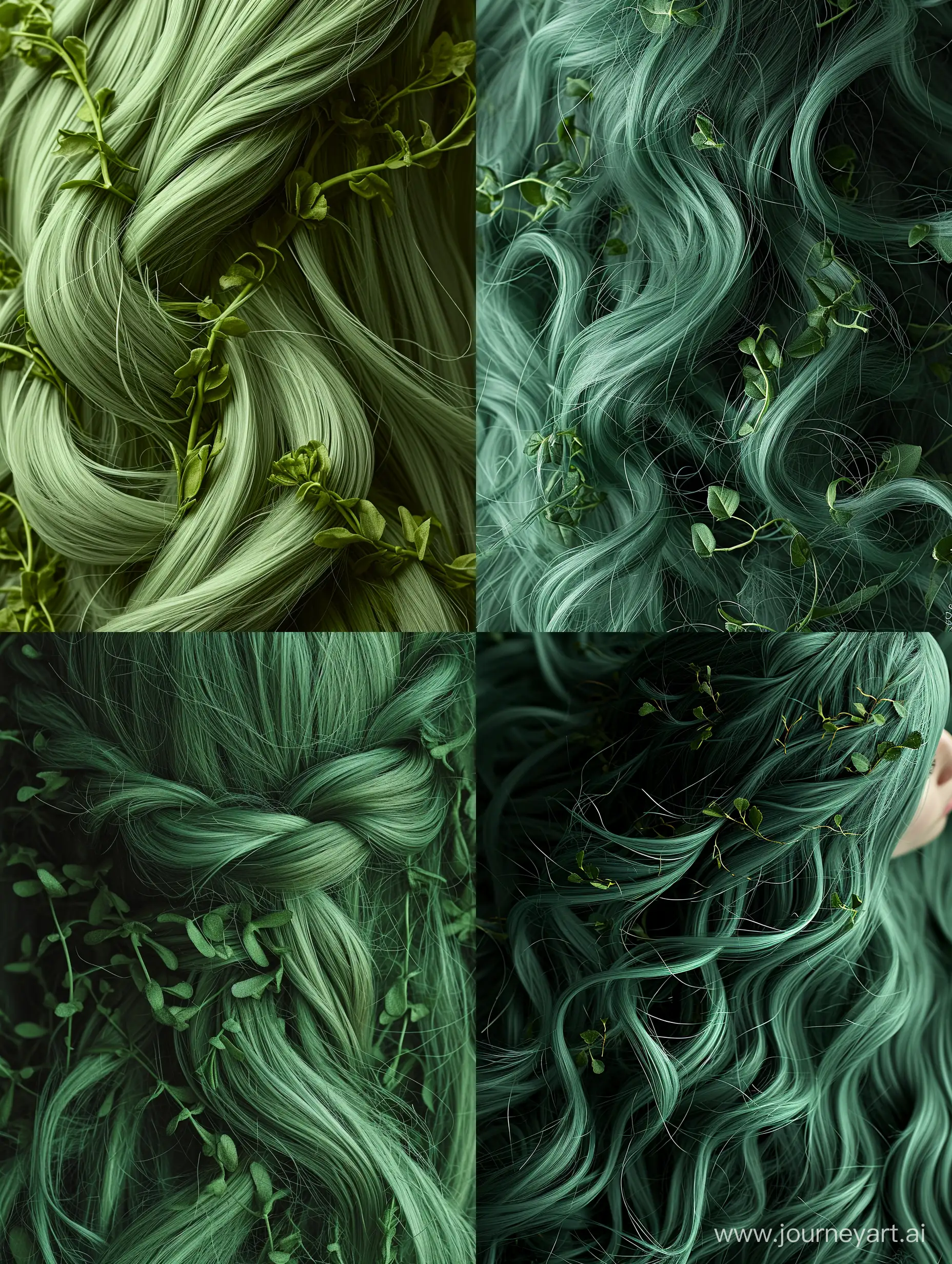 Witness a captivating vertical close-up of intricately woven green-tinted locks, resembling a unique fusion with the beauty of plants and foliage. Notice the delicate presence of tiny leaves entwined within the hair. Explore the harmonious connection between human and nature, celebrating the intertwining elements of our natural landscapes."