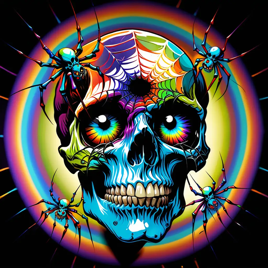 psychedelic image of multicolored skull with a spider in its eye; see through background