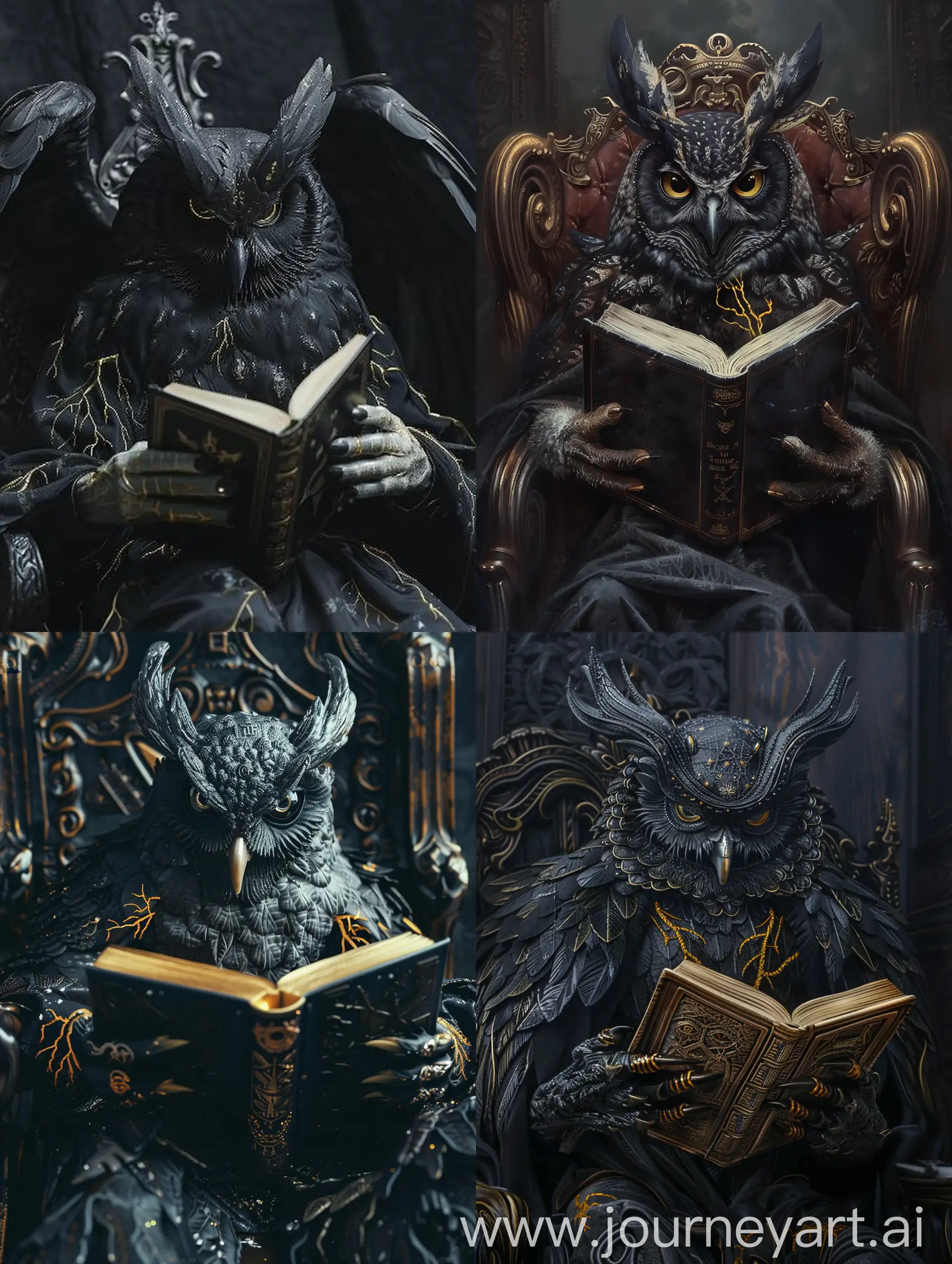 Филин-демон, антропоморфный филин, владыка ада, покровитель темных знаний, держит книгу заклинаний в руках, трон, чёрная маска с золотыми прожилками