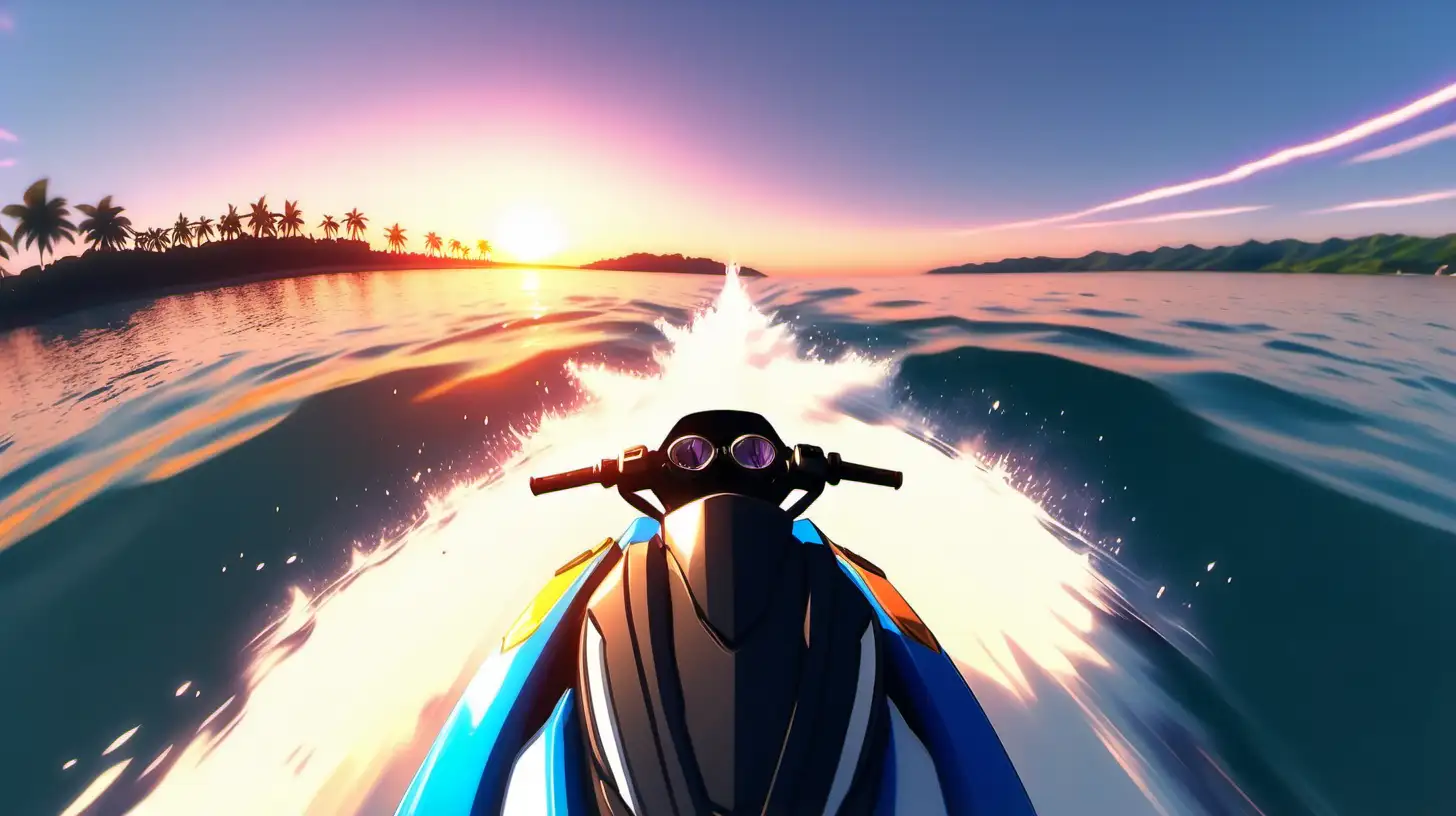 Jet ski pooint of view in beautiful sunset, anime style