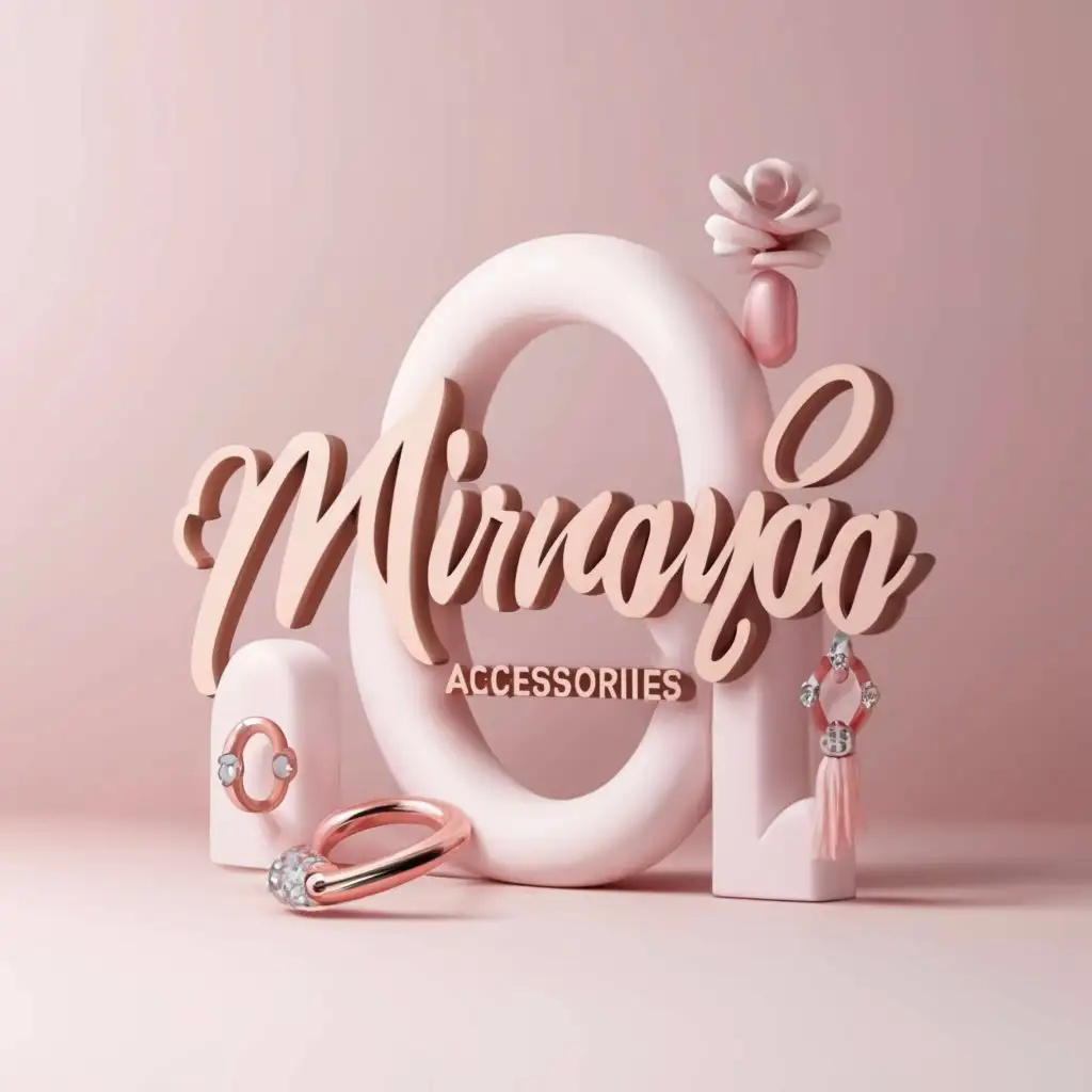 a logo design,with the text Mirnaya accessories, main symbol:Design a 3D logo for an Instagram business page titled Mirnaya Accessories, specializing in selling bracelets, earrings, and rings. The primary color scheme should include shades of pink and white, or solely pink. Key elements of the logo should feature the name Mirnaya Accessories in a feminine font, alongside representations of the accessories. Minimalistic,clear background