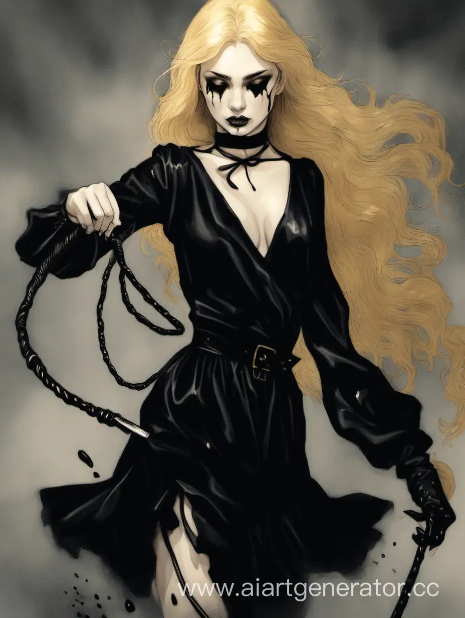 Emotional-GoldenHaired-Girl-in-Black-Dress-Wielding-a-Whip