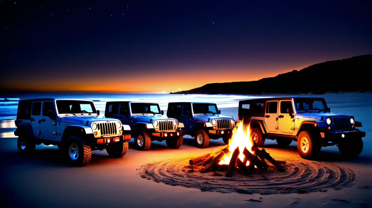 /imagine prompt: A high-definition image of a group of rugged Jeeps parked in a semi-circle around a large, crackling bonfire on a remote beach at twilight. The flames illuminate the vehicles and the faces of the gathered adventurers, casting a warm glow that reflects off the Jeeps’ shiny surfaces and into the night sky. Created Using: adventure photography, rugged Jeeps, beach bonfire, twilight setting, warm glow, camaraderie, reflection on surfaces, clear night sky, hd quality, natural look --ar 16:9 --v 6.0