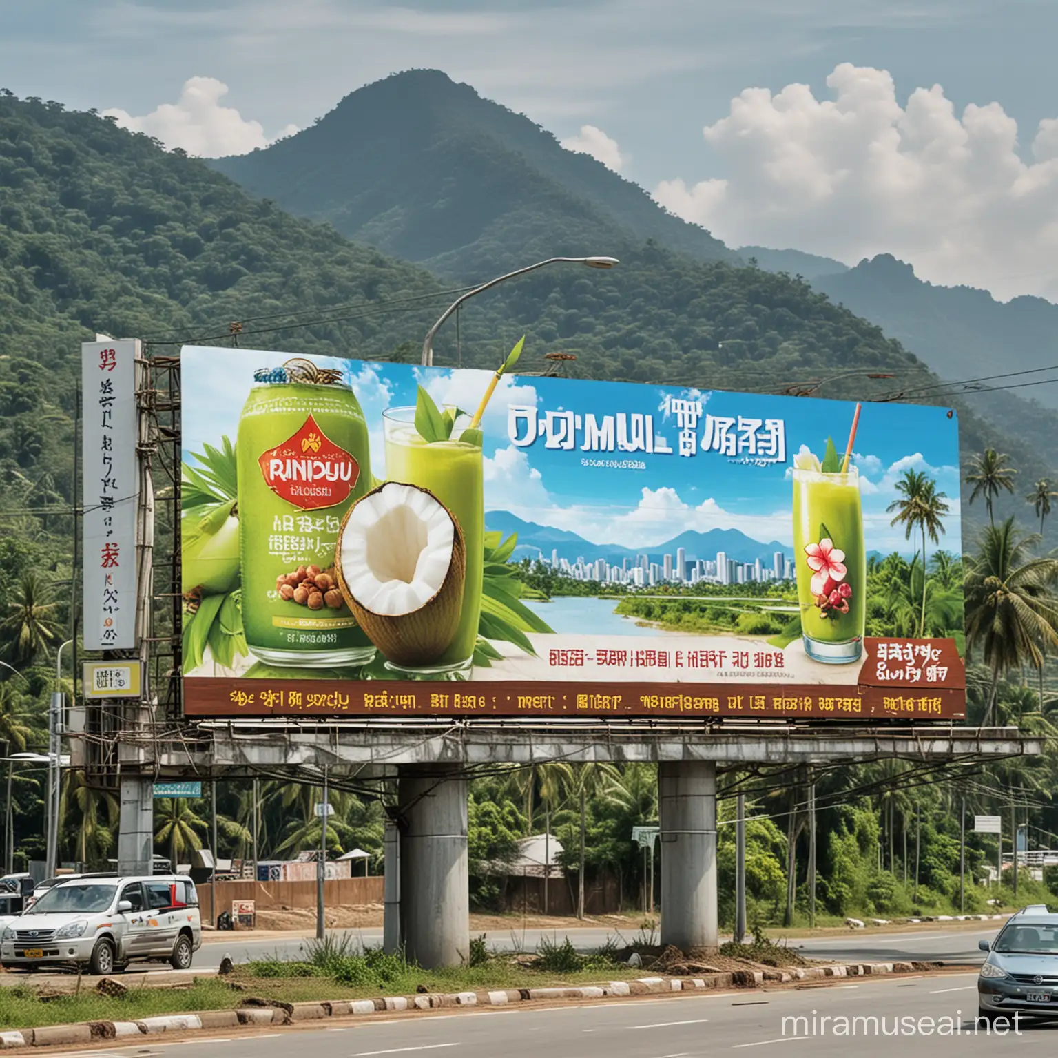 A large billboard advertising 'BANYU DEGAN' is displayed above the city highway.  The advertisement displays a picture of a refreshing young coconut drink in glasses and bottles, with a view of the sub-district city as the background.