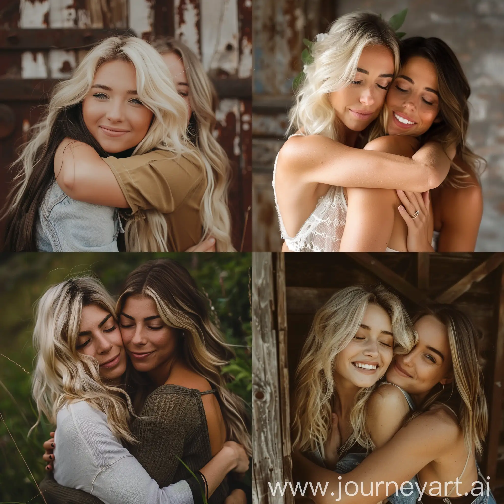 Beautiful blonde woman being hugged from behind by a brunette woman