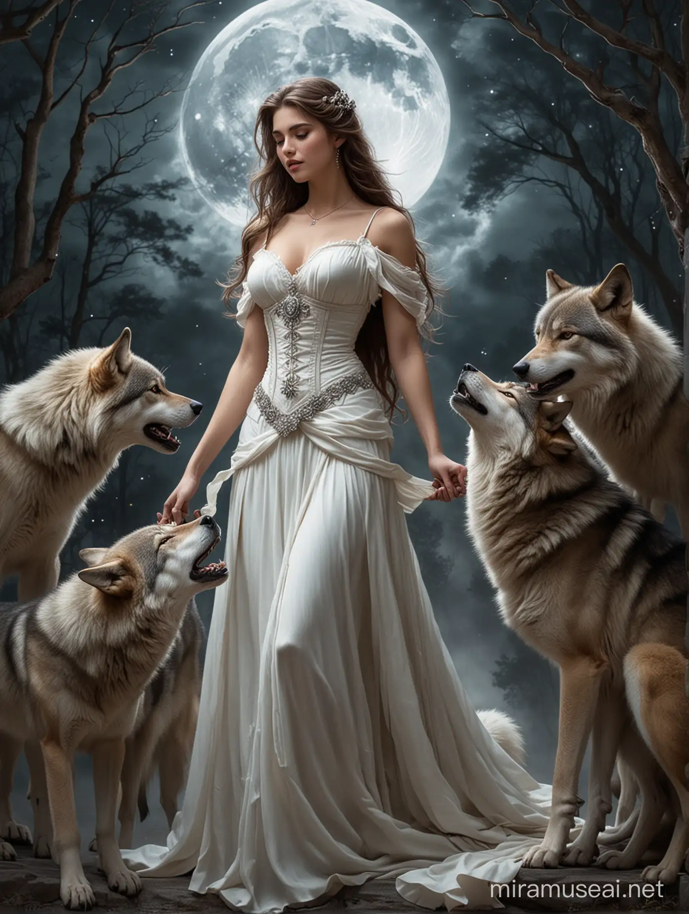A beautiful lady held romantically from the waist by a handsome young man, with wolves beside them, under the moon