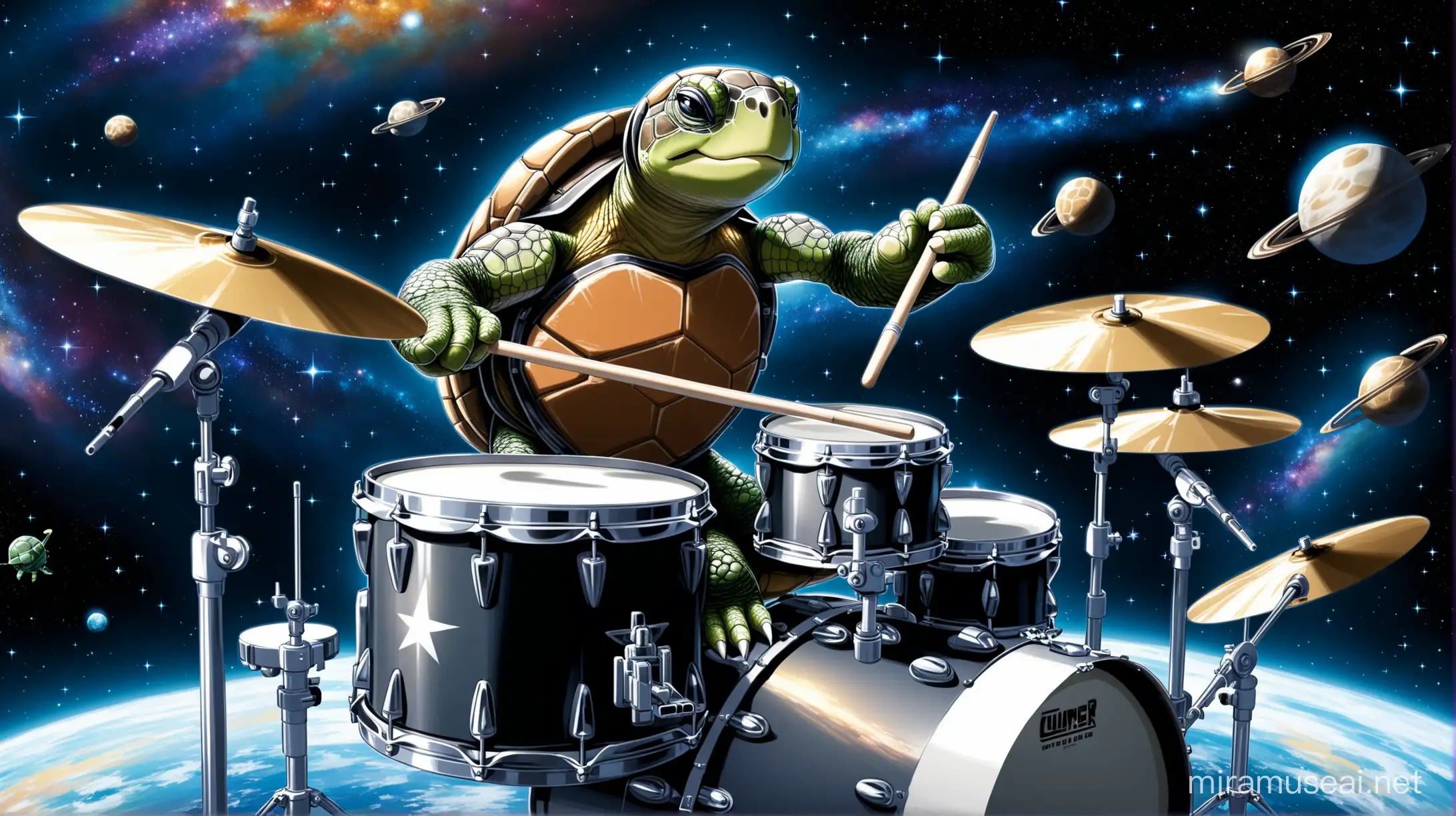 turtle playing drums in space