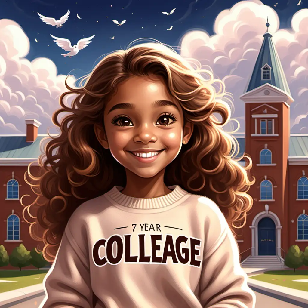 Flat art, children's book, cute, 7 year old girl, tan skin, light hazel eyes looking straight ahead smiling, long tight curl brown hair, angelic, day, clouds, college building, the word 'college', dream, smiling happy, beautiful, college style sweater 