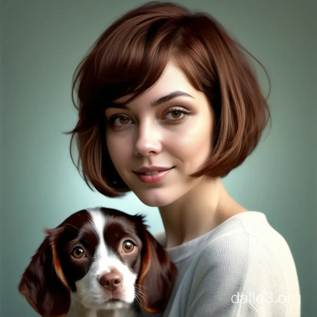 Realistic Portrait of a Lovely Woman with a Brown Bob Haircut and Her Adorable Companion