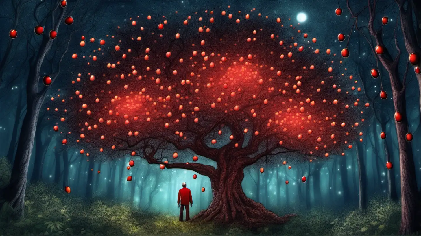 Magical Forest Elderly Man with Red Candy Tree at Night