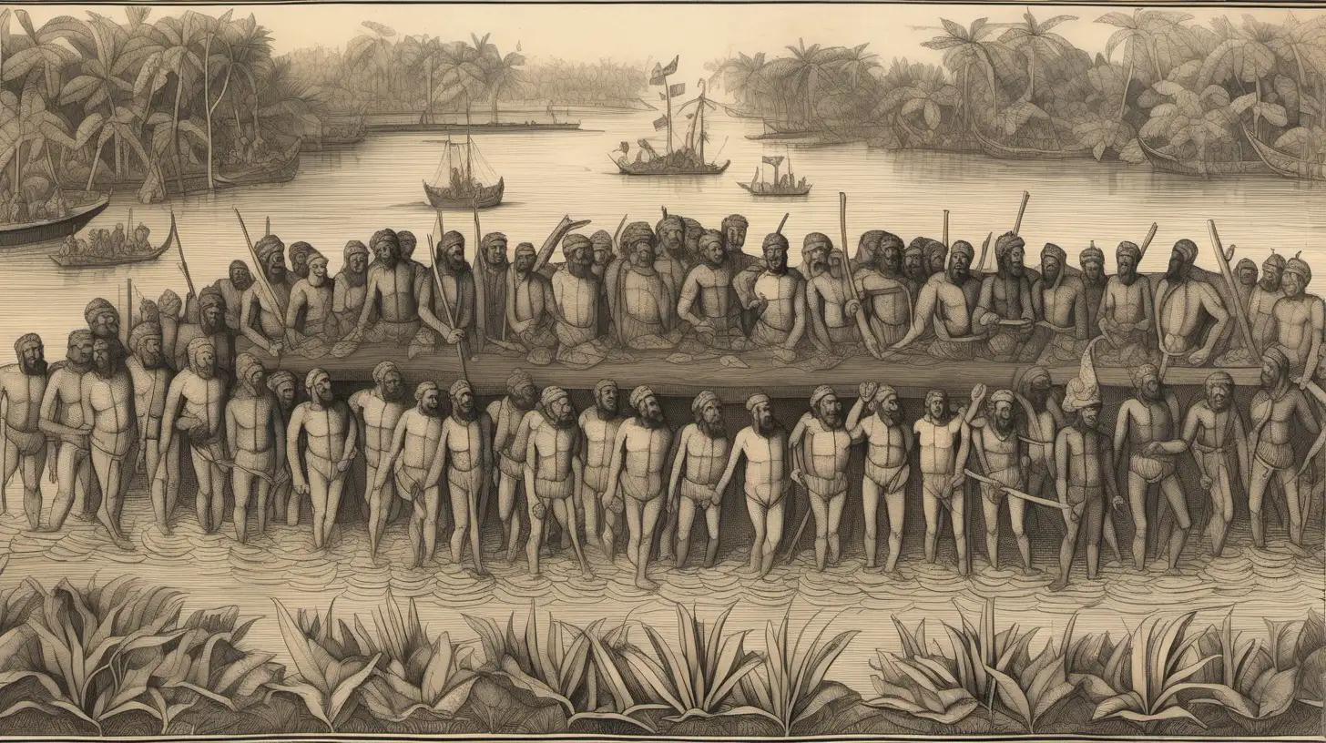 A group of fifteen 16th century Spanish men are submerged in the waters of the amazon river. We see them, plan view, from above. In the style of theodore de bry, without any text captions.