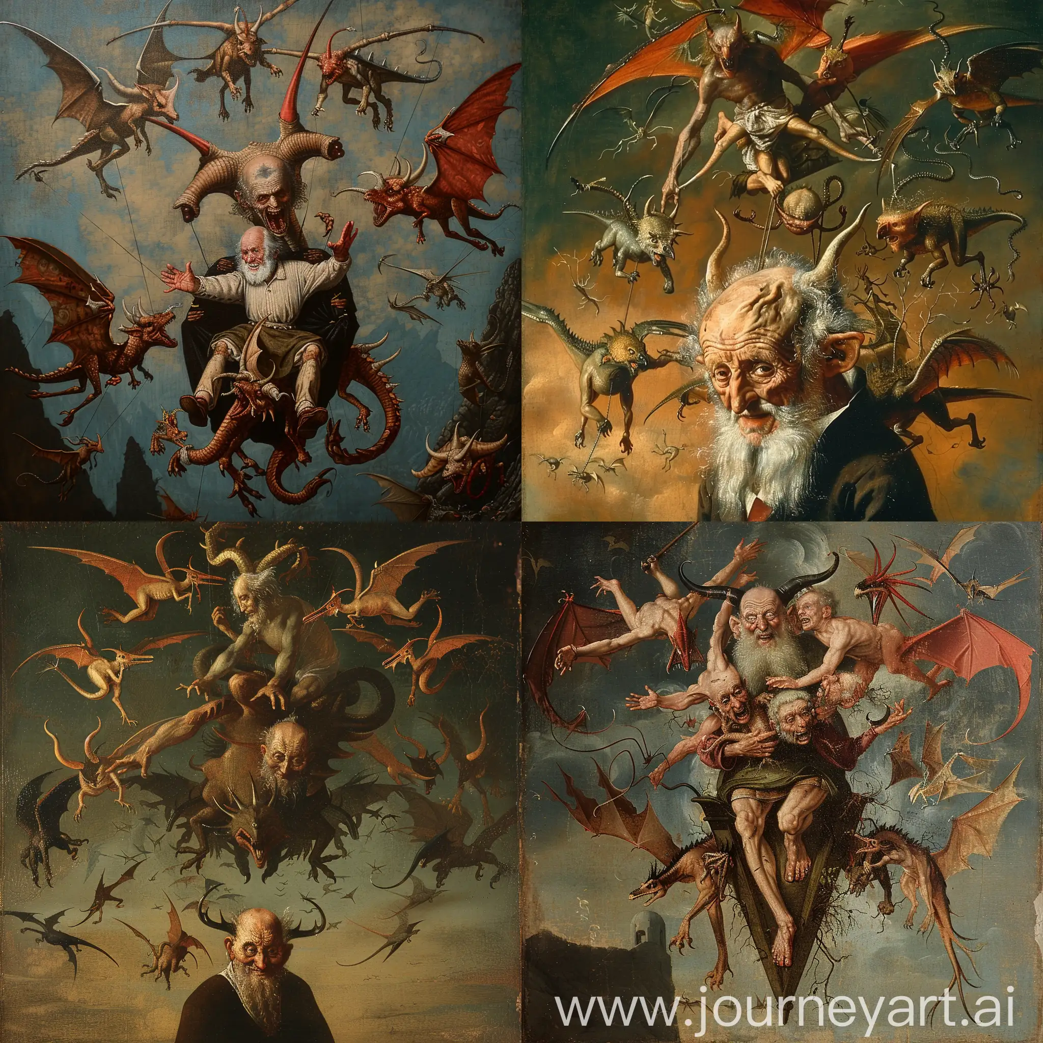 Masterful-Renaissance-Painting-Old-Man-Ascended-by-Flying-Demons-and-Mythical-Creatures
