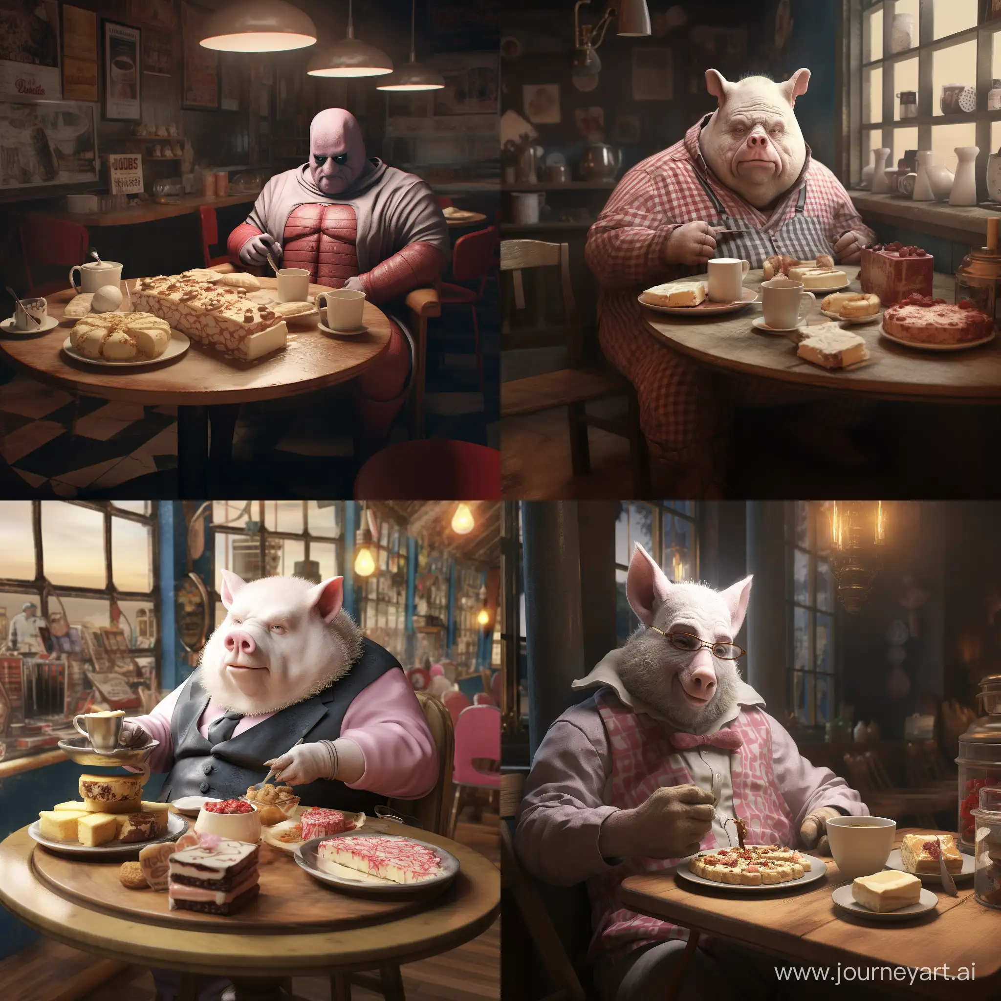 супер реалистичная сцена где свиночеловек сидит в кафе и есть чизкейки