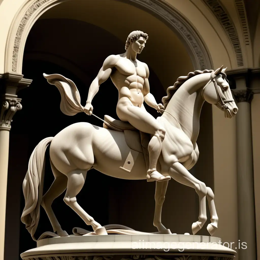 The statue shows a naked man figure riding a horse. The rider doesn't wear clothes.