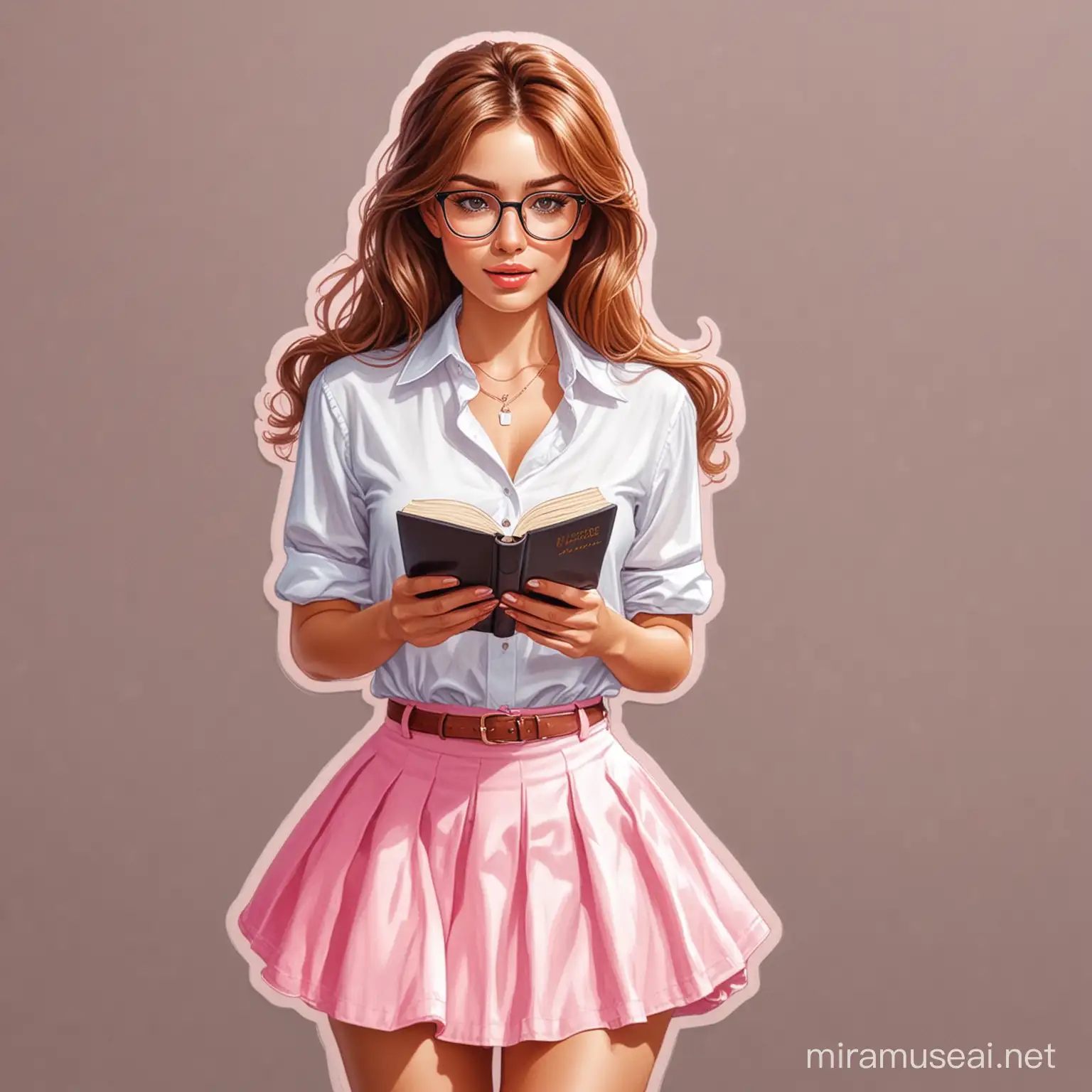 A illustration sticker of hot , sexy looking girl reading book, dress pink skirt and white shirt , wearing reading glasses, sexy eyes, lips, chick,  brown hair, wearing necklace,  