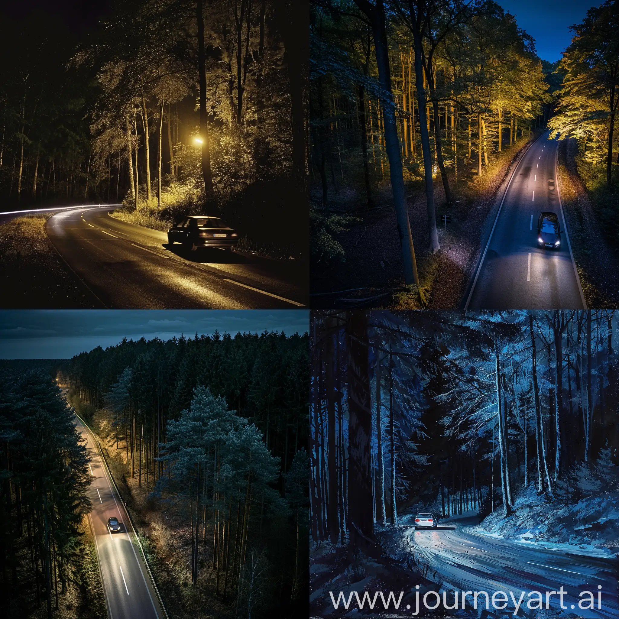 Ночной лес, рядом дорога по которой едет машина