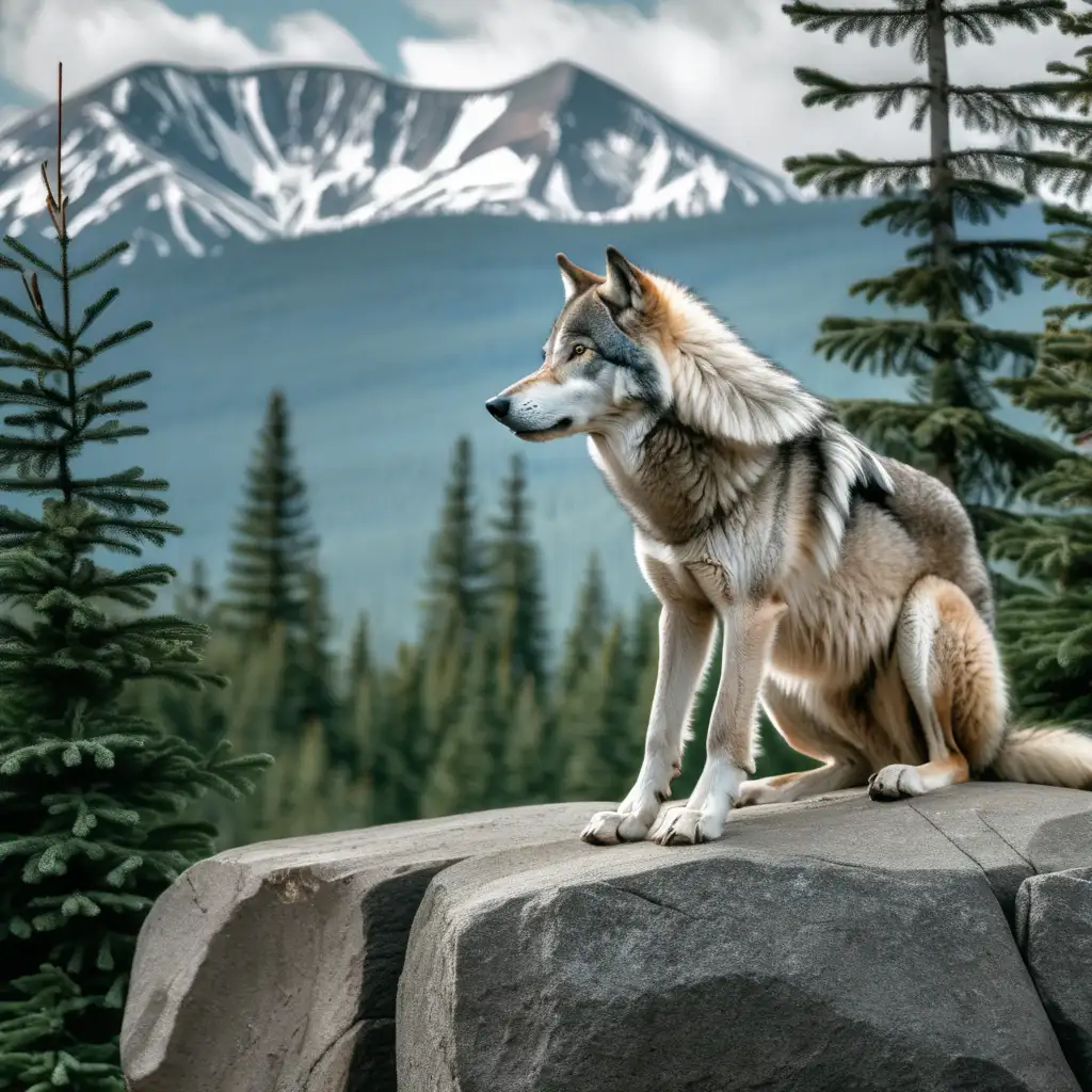 A gray wolf sitting on a large rock looking at the mountains around him.  There is a mountain behind him lined with spruce trees.