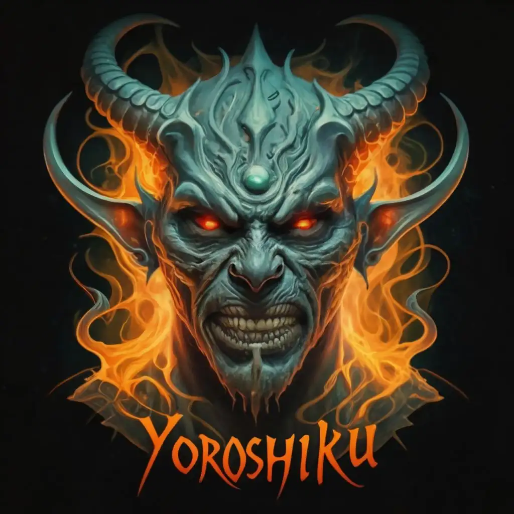 logo, An evil fiend, glowing eyes, malevolent, majestic, dark portrait, warm light by Boris Vallejo with the text "YOROSHIKU", typography, with the text "Nice to meet you.", typography