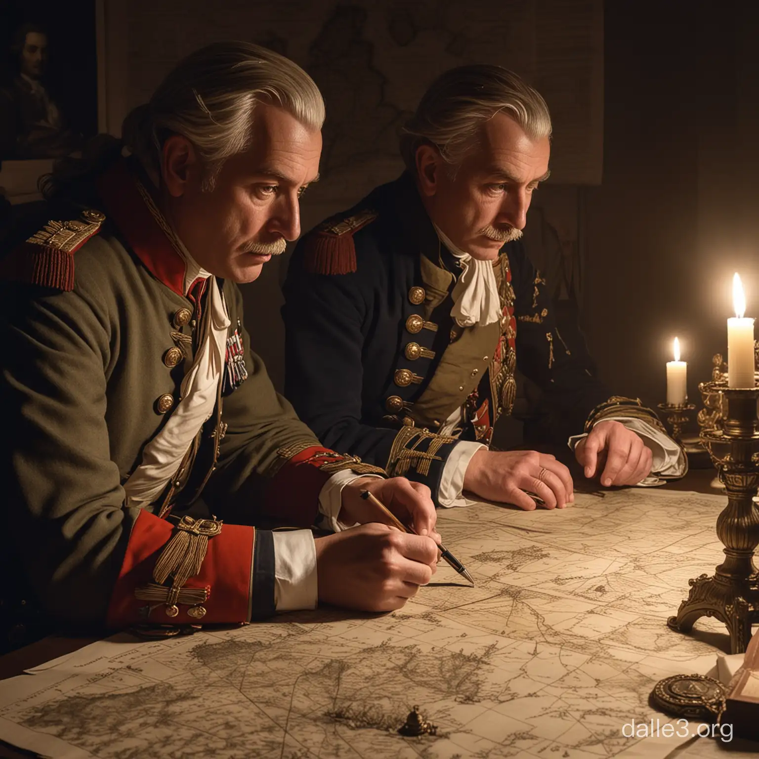 generate an artwork of two british generals studying numerous charts and maps by candle light, tomes, imperial, 1700s, french and indian wars, mountain of scrolls and maps