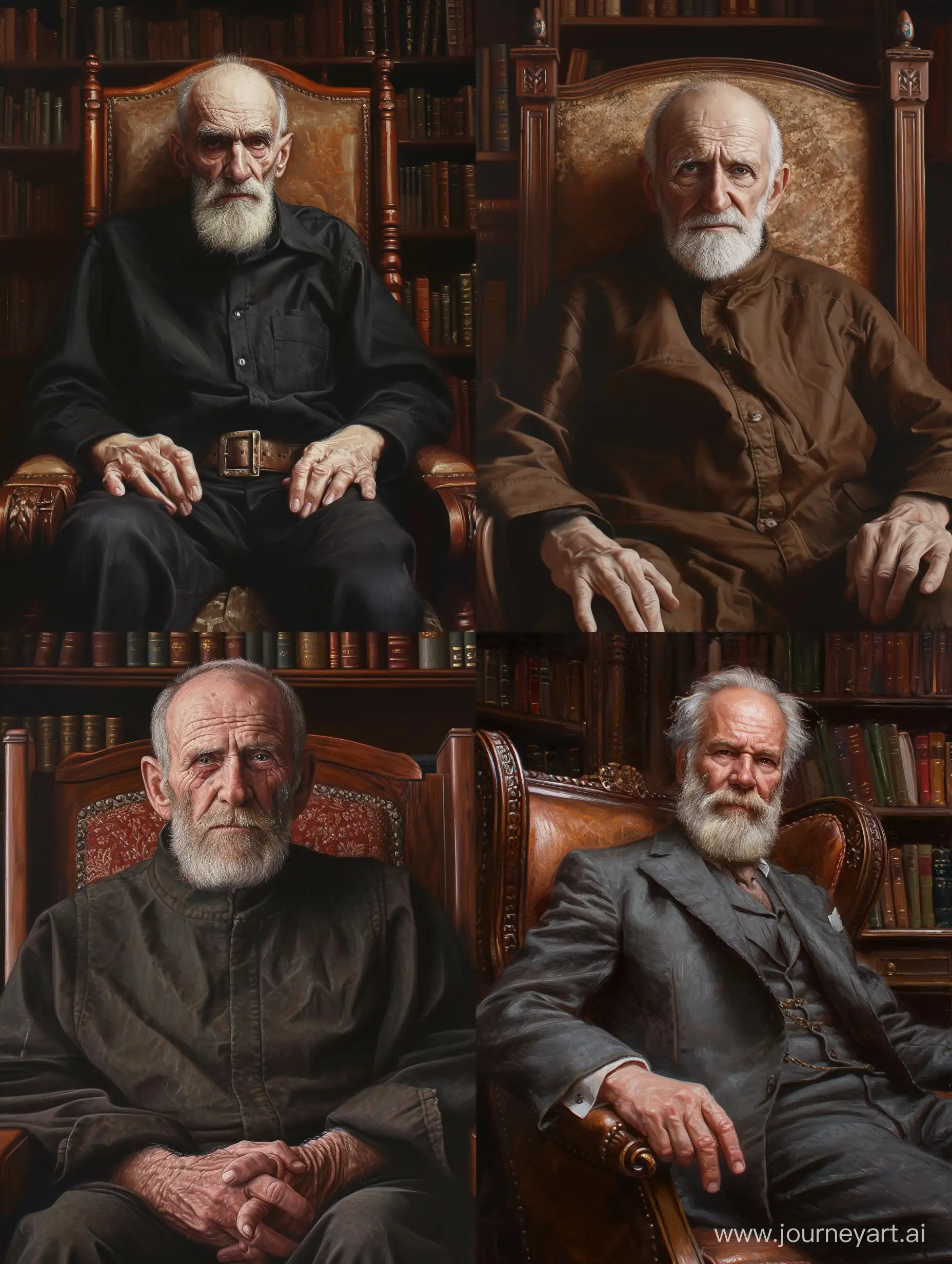 Старик, мудрец, сидит на кресле, вид спереди, борода, четкий взгляд, 100% реалистичеости, четкость изображения до мелкой морщинки, на заднем фоне книги