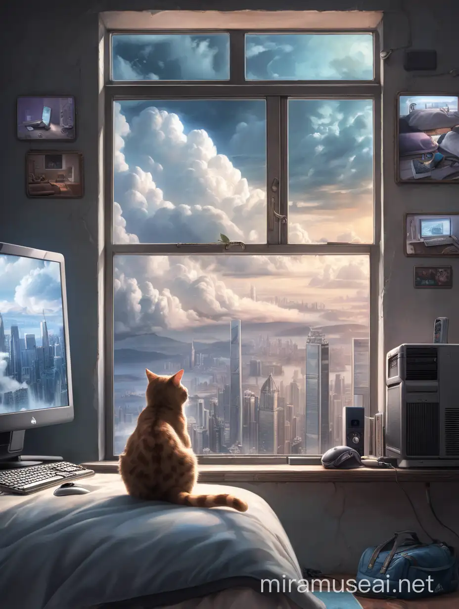 gamer room with a cat in the window, looking out at a city in a building near the clouds and with a computer and a bed appearing in the image