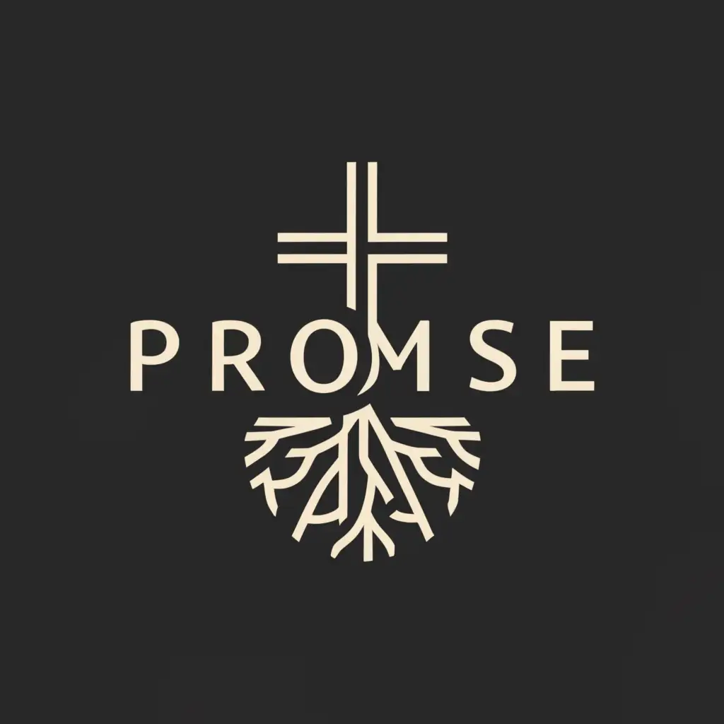 a logo design,with the text "PROMISE", main symbol:Cross, tree, root,Minimalistic,be used in Religious industry,clear background