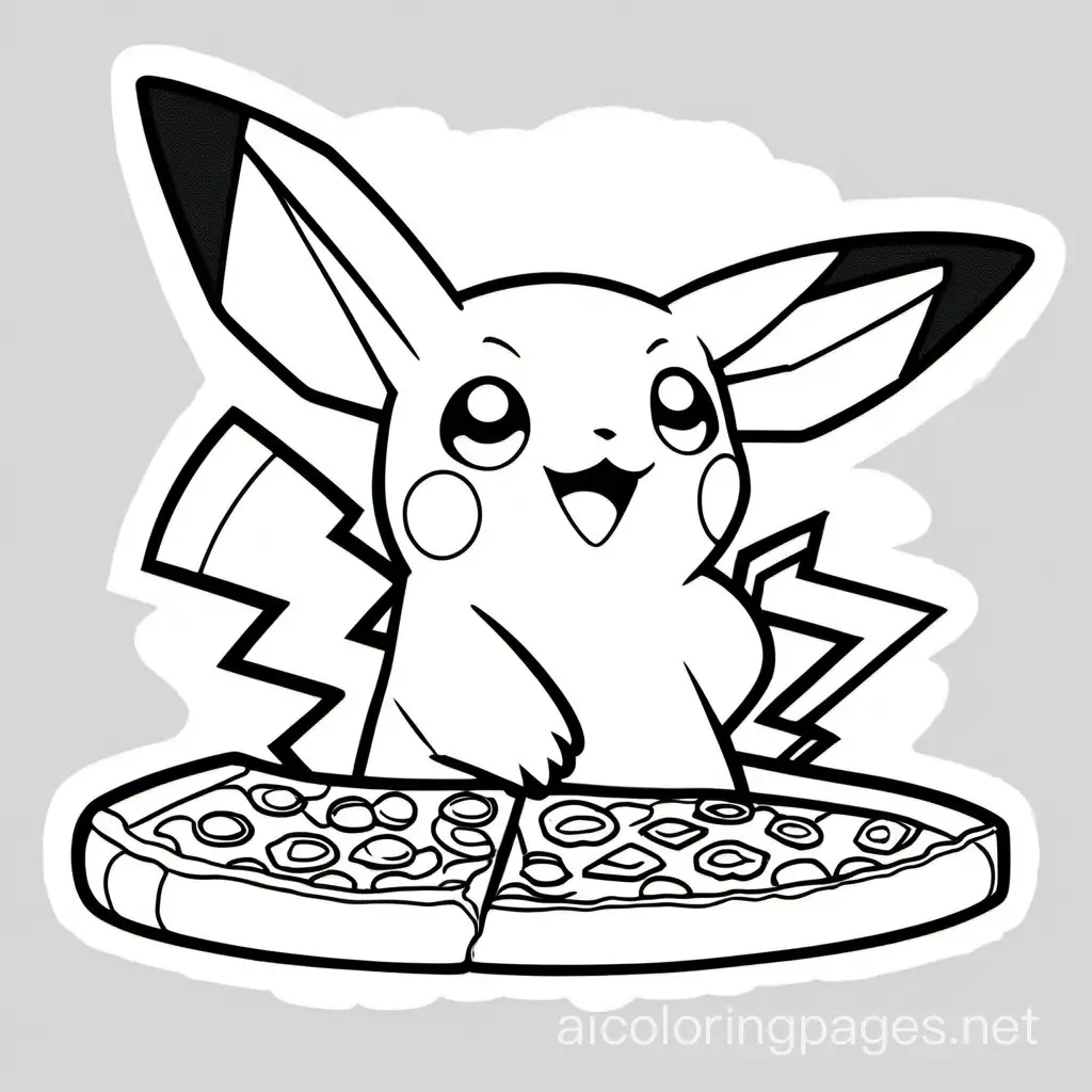 A drawong of pikachu eating a pizza slice, Coloring Page, black and white, line art, white background, Simplicity, Ample White Space. The background of the coloring page is plain white to make it easy for young children to color within the lines. The outlines of all the subjects are easy to distinguish, making it simple for kids to color without too much difficulty