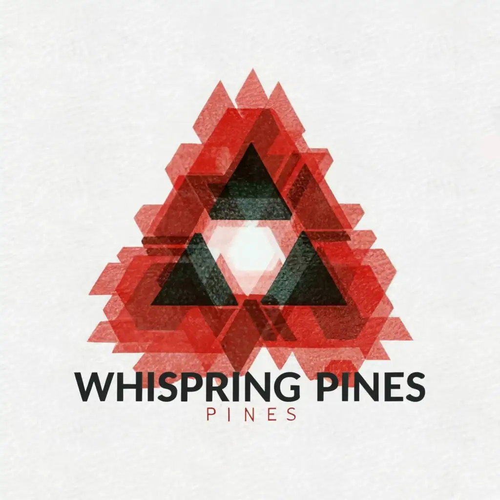 logo, Several red triangles are superimposed on each other, slightly stained in black liquid, with the text "Whispering Pines", typography, be used in Technology industry