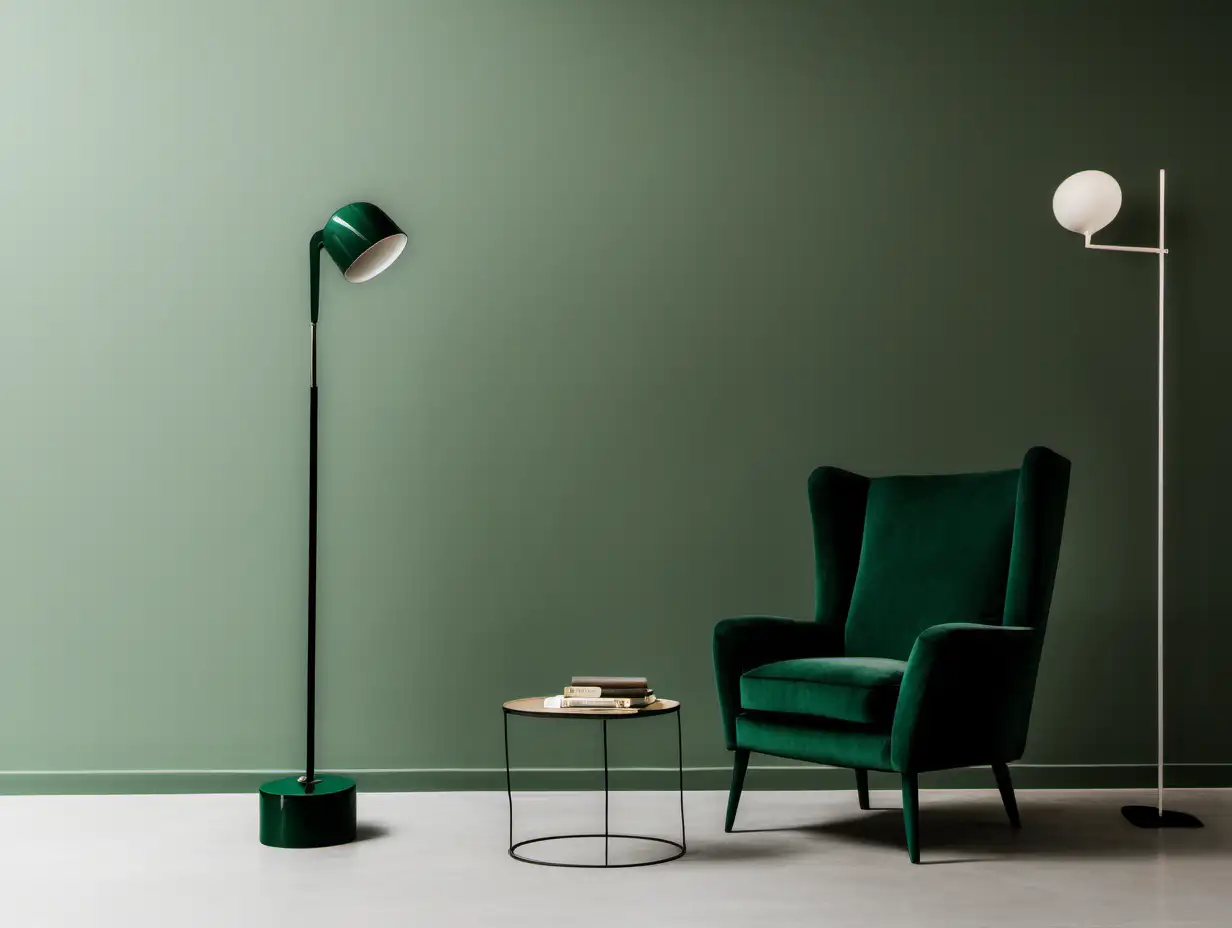 Commercial Photography, Italy minimalist living room interior with deep green chair and floor lamp       