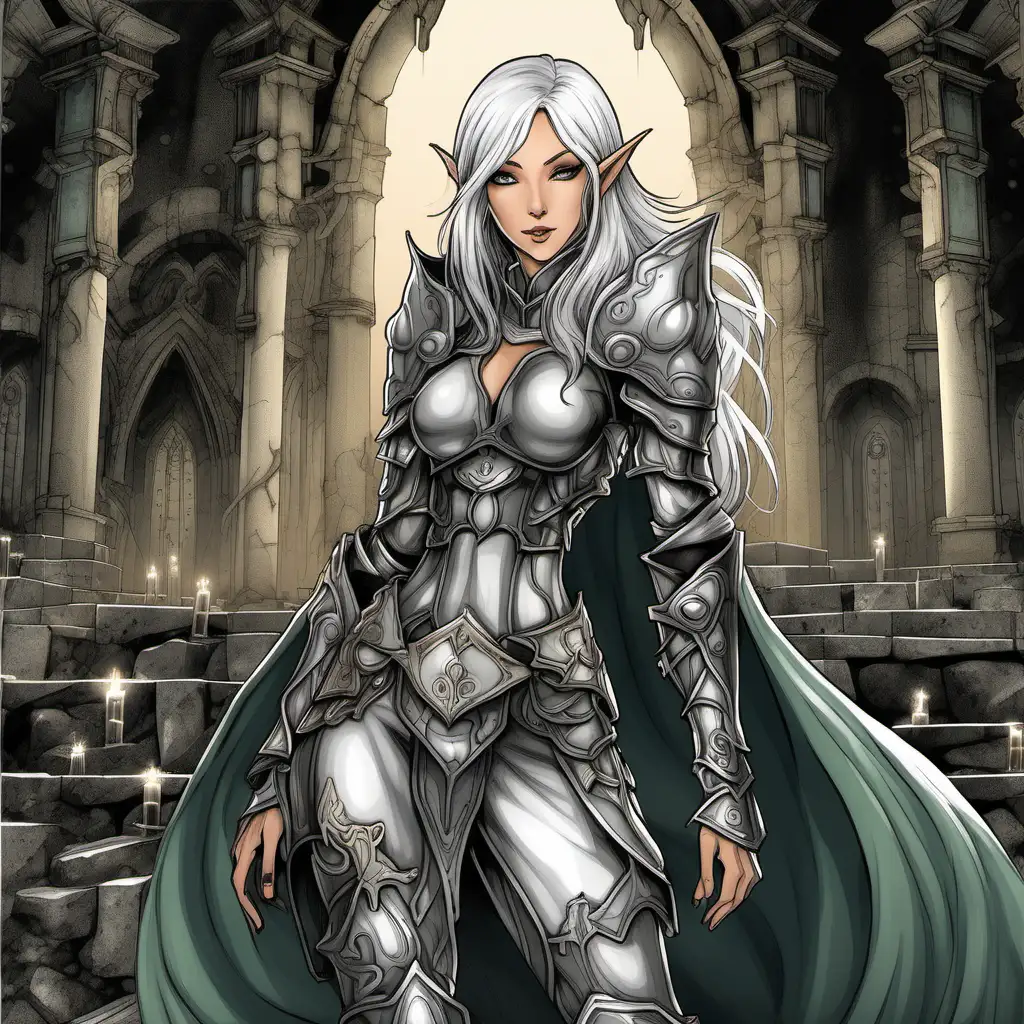 Subject: A captivating manga-styled full body portrait of a beautiful elf woman in her early 20's, with long silver hair flowing down her back, slender legs accentuated by armored high heels. She confidently wears ornate full plate armor layered over under-armor clothing. Freckles adorn her face, adding a touch of innocence. With seductive looks towards the camera, she exudes confidence and allure. :: Environment: The environment surrounding her is a dimly lit post-apocalyptic fantasy world cityscape. Nature has reclaimed the once bustling city, with crumbling buildings now covered in overgrown vegetation and cascading waterfalls. Candles are carefully placed throughout the ruins, casting a warm glow on the scene. :: The artwork is rendered in a cell-shaded style, reminiscent of manga. Muted colors dominate the palette, giving a sense of mystery and fantasy. --stylize 500 --chaos 70