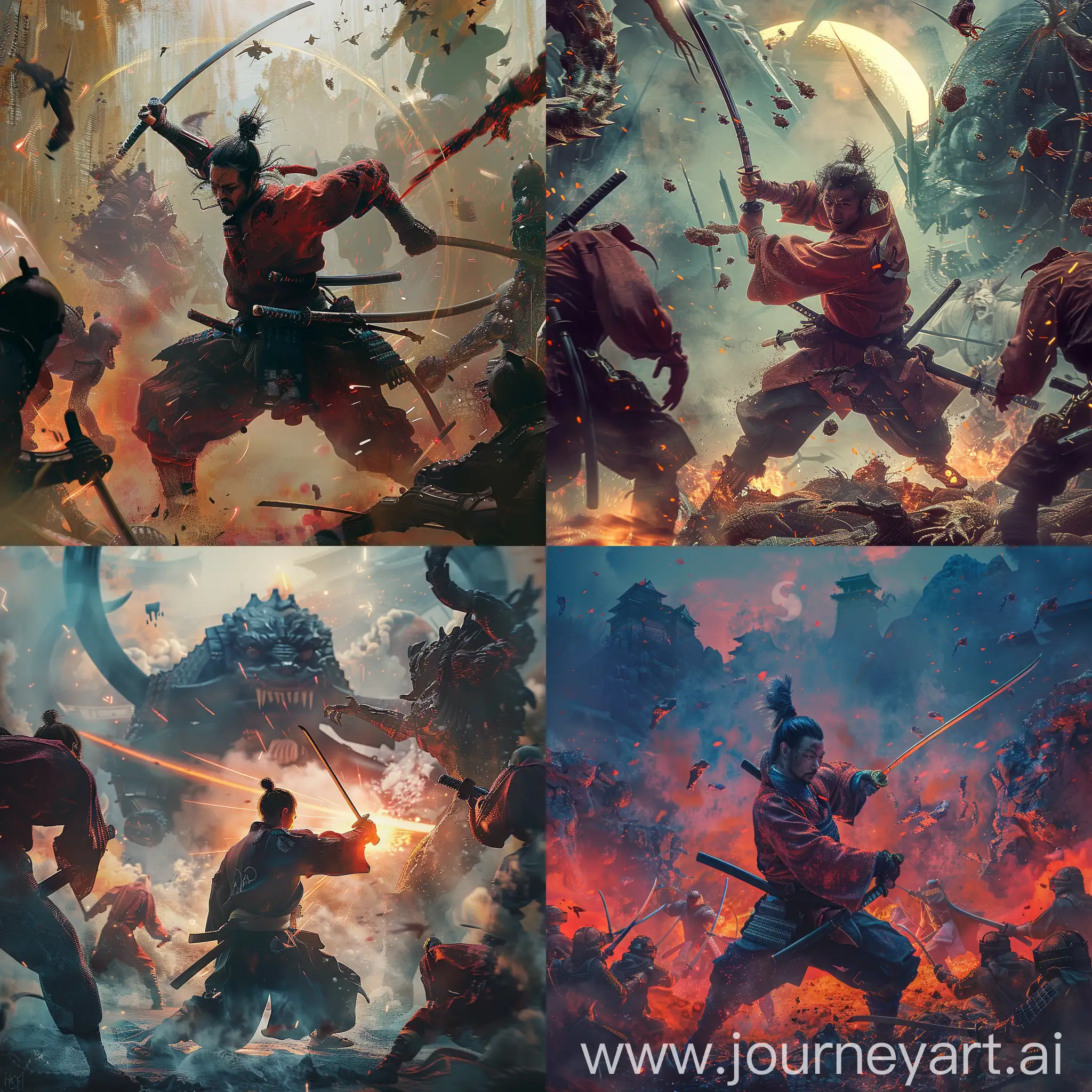 Samurai in mid-draw of his katana as surrounding foes collapse, science fiction, intricate artwork masterpiece, evoking an ominous atmosphere, matte painting movie poster composition following golden ratio, trending on CGSociety, infused with influences of Artgerm, H.R. Giger, and Beksiński, highly detailed, vibrant colors, cinematic production character render, ultra high quality model, ultra-realistic, epic in scope, sf, intricate artwork masterpiece, ominous, matte painting movie poster, golden ratio, trending on cgsociety, intricate, epic, trending on artstation, by artgerm, h. r. giger and beksinski, highly detailed, vibrant, production cinematic character render, ultra high quality model