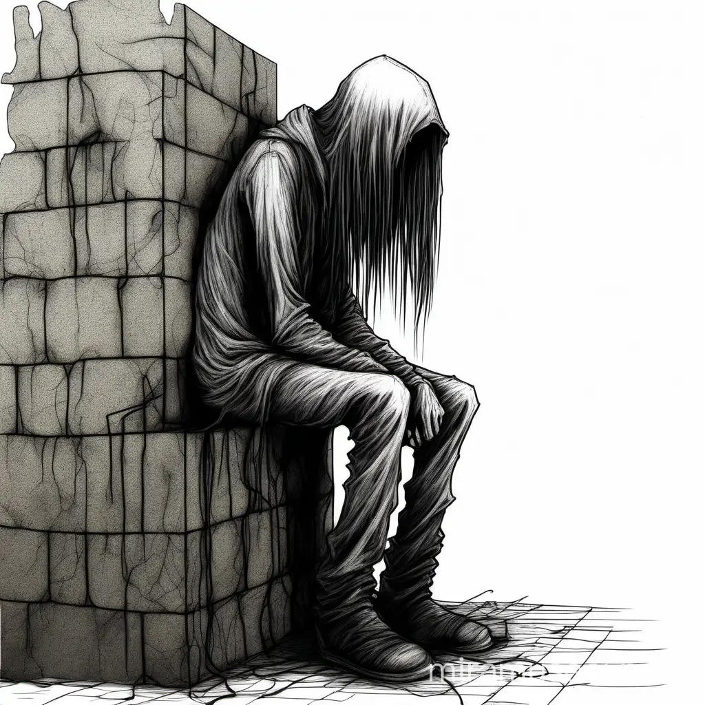 Side view a drawing of a person sitting on a wall corner, long hair hanging down the front, tumblr, gothic art, waiting behind a wall, very scary photo, made of wire, depressed sad expression, hastur, dark wallpaper, weathered drawing, no head, drawn with photoshop, malnourished, devouring the human soul, dviant art, faceless