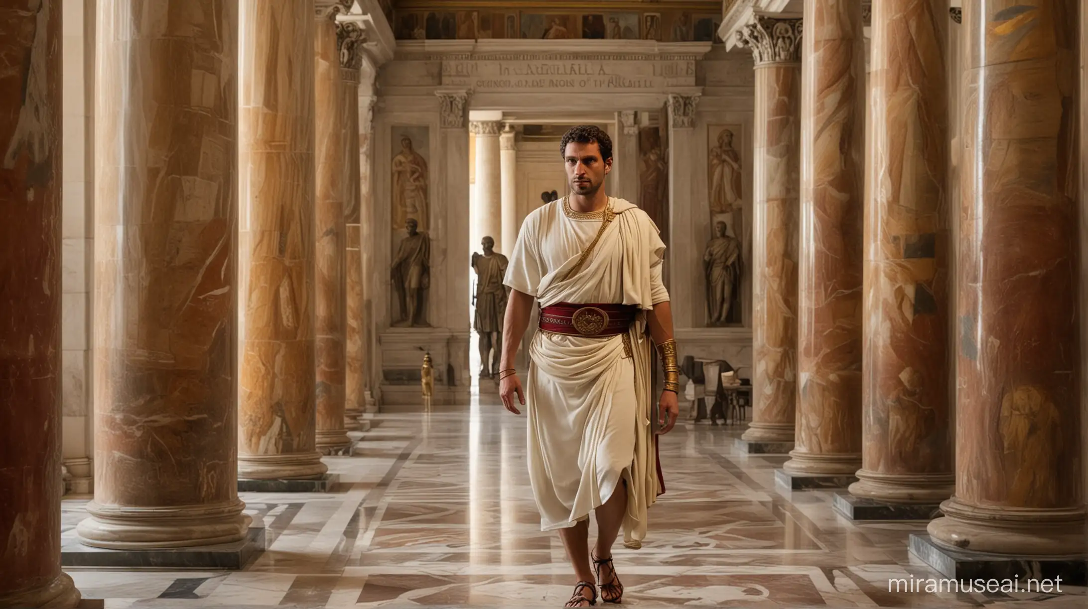 Title: "The Imperator's Audience"

Description:
Capture the essence of the Roman Empire in a scene depicting a dignified Roman man, in his early 30s, within the grandeur of his palace. He stands tall, exuding authority and refinement, dressed in a pristine white tunic adorned with intricate patterns, topped by a regal toga of deep crimson, symbolizing his status as a man of power and influence.

Surrounded by opulent marble columns and adorned with intricate frescoes depicting scenes of conquest and glory, the palace provides a majestic backdrop. The architecture should reflect the grandeur and sophistication of ancient Rome, with ornate details and impeccable craftsmanship.

Flanked on either side by two imposing Roman centurions, their gleaming armor and stoic expressions serving as a testament to the might of the Roman legions, the man strides confidently forward, his demeanor commanding respect and admiration.

The atmosphere is one of reverence and authority, with the man at the center embodying the ideals of Roman leadership – strength, wisdom, and dignity. As he moves through the palace halls, surrounded by his loyal guards, he exudes an aura of power and majesty, a true embodiment of the glory of the Roman Empire.
