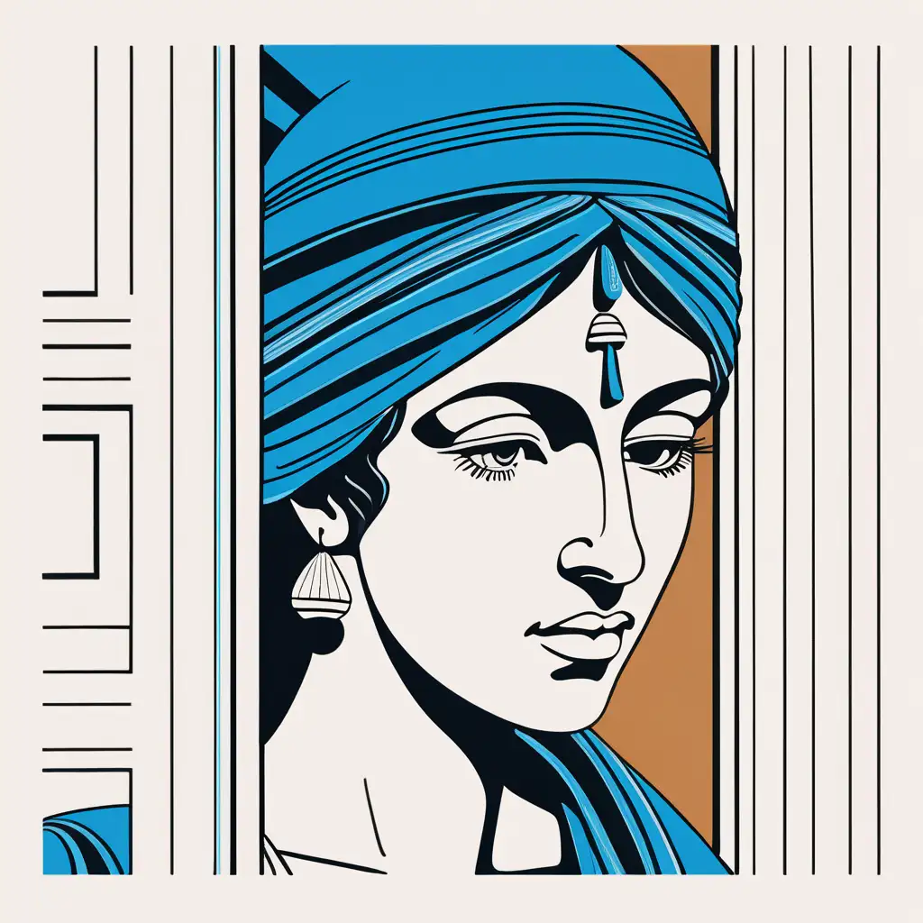 Ilustración de colores y líneas solidas del rostro de una mujer griega en mikonos 