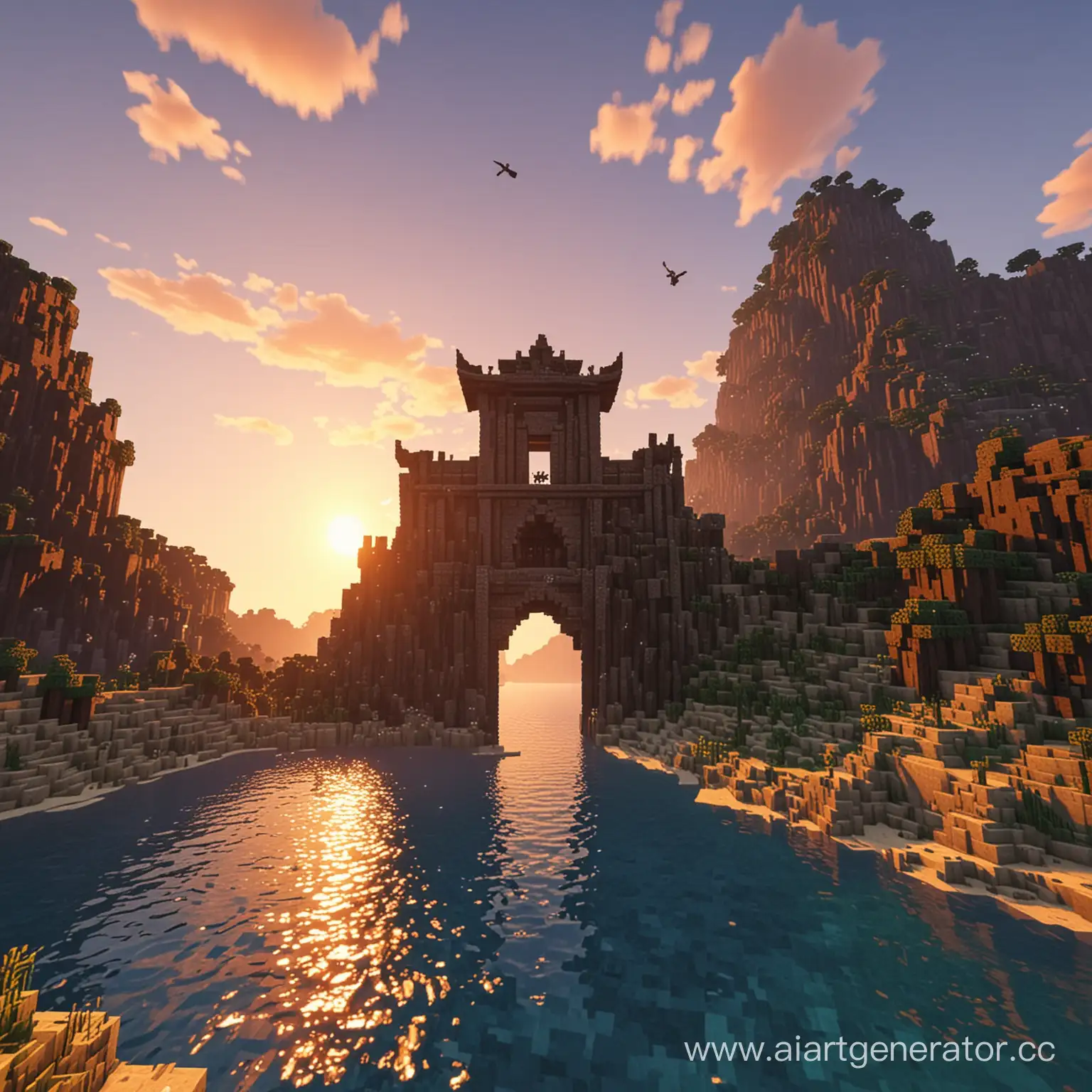 Majestic-Minecraft-Island-Sunset-with-Ancient-Structure